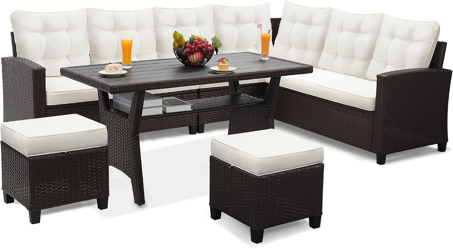 KROFEM 6 Piece Patio Furniture Set, Dining and Conversation Set, Beige | UV Treated Wicker, Machine Washable Cushions, Seats 7, 2 Ottomans, 3 Sofa Section, Dining Table, Rustproof Frame
