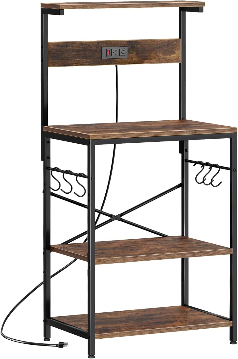 SUPERJARE Kitchen Bakers Rack with Power Outlet, Coffee Bar Table 4 Tiers, Kitchen Microwave Stand with 6 S-shaped Hooks, Storage Shelf Rack for Spices, Pots and Pans – Rustic Brown