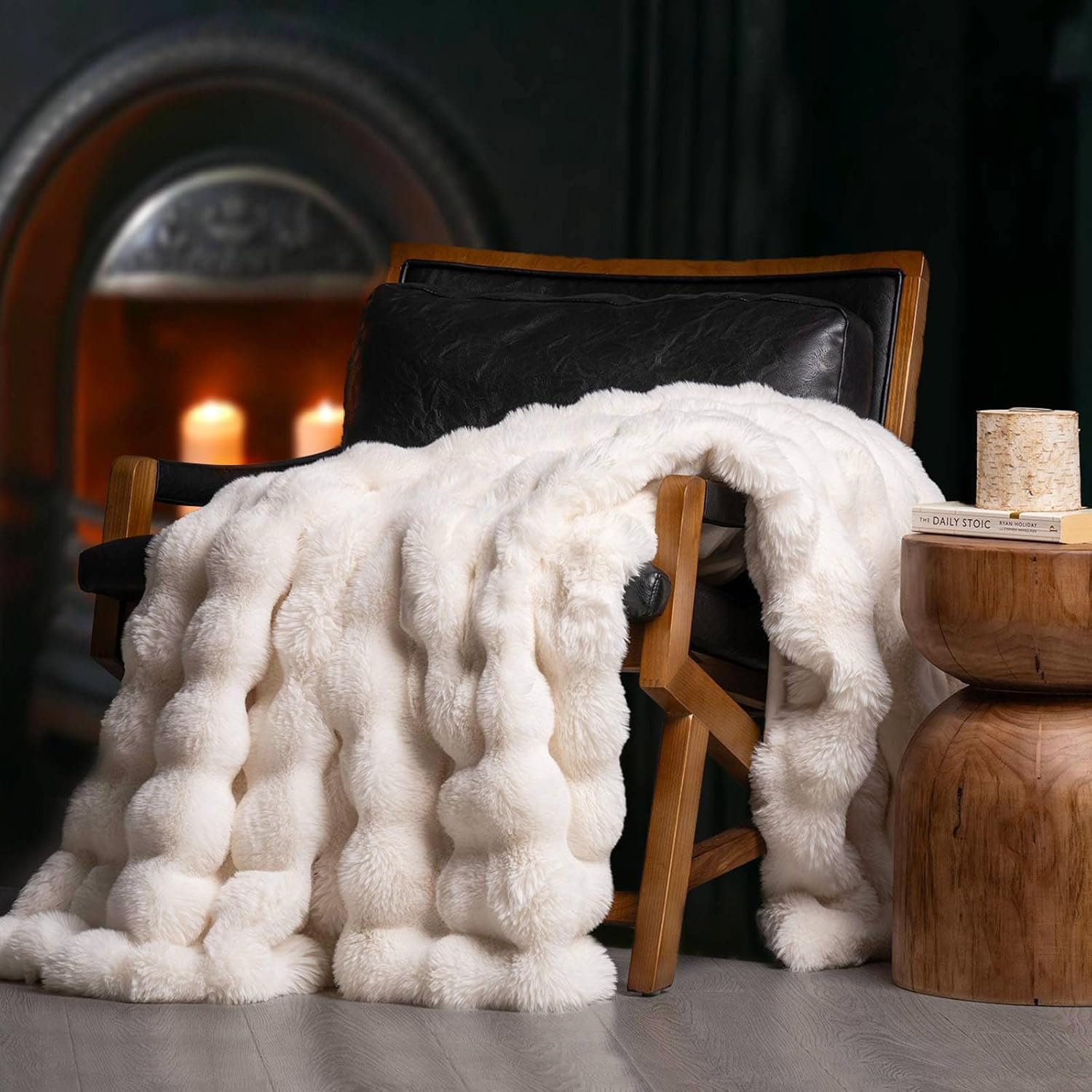 EverGrace Ultra Soft Luxury Fluffy Faux Rabbit Fur Throw Blanket, Thick Warm Bubble Throw for Bed, Cozy Plush Reversible Blankets for Couch, Chair, Sofa, Ivory White, 60×80 Inches