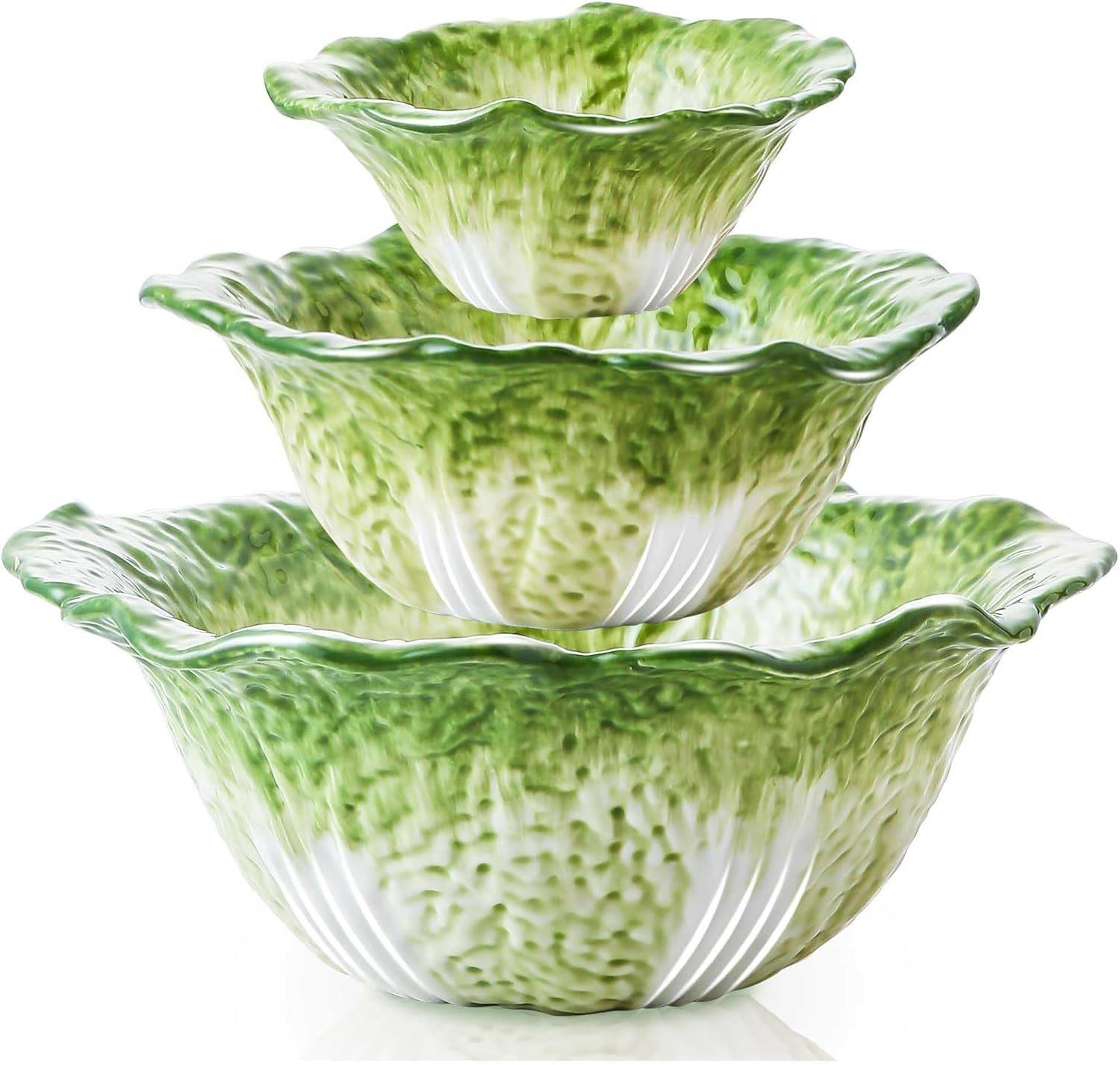 KXZ Green Cabbage Serving Bowl Set of 3 for Kitchen – Extra Large 60oz, 16oz, 5oz Nesting Mixing Bowls, Porcelain Dishes for Salad, Entertaining, Fruit, Vintage, Decorative, Ceramic Pho Soup Tureen