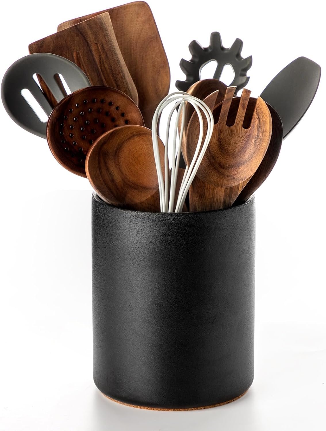 Nucookery Utensil Holder, 6.4″ Ceramic Kitchen Utensil Holder with Countertop-Protection Cork Bottom, Farmhouse Kitchen Decor for Counter, Christmas Gift (Stone Black)