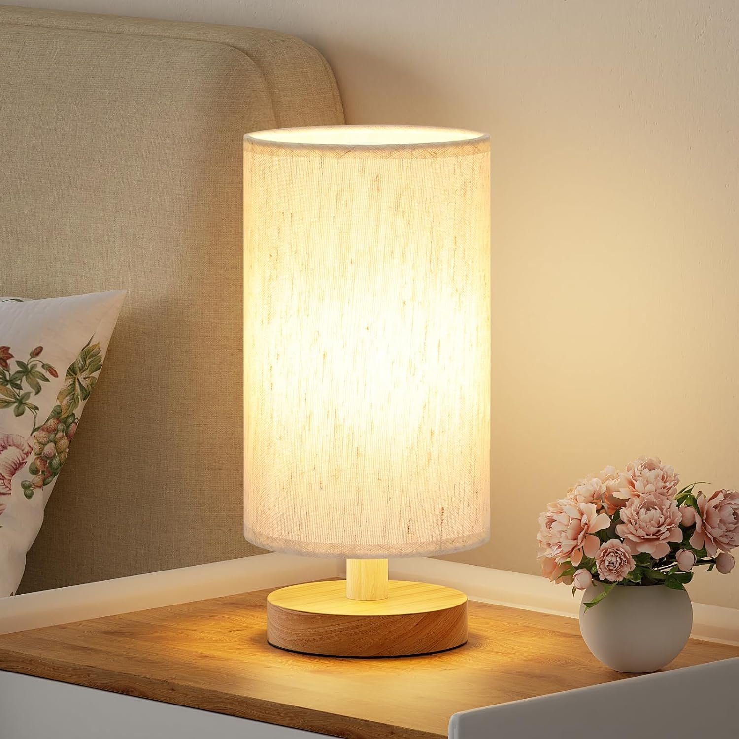 Fenmzee Small Table Lamp for Bedroom – Inline Control, Bedside Lamp with 3000K A15 LED Blub, Easy Assembly (Cream Shade – Wood Base, 9″ Inline Control)