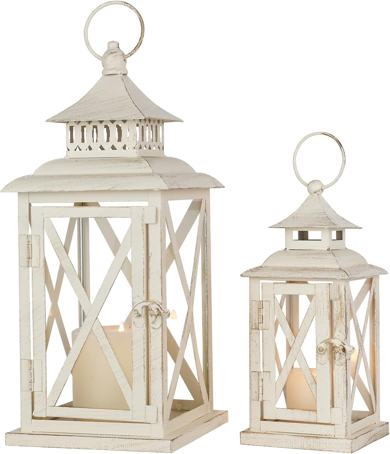 Lanterns Decorative Outdoor&Indoor, Set of 2 (14″&10″) Beige Metal Lantern Decor with Glass, Candle Holder for Porch, Patio, Garden, Balcony, Wedding, Table Centerpiece