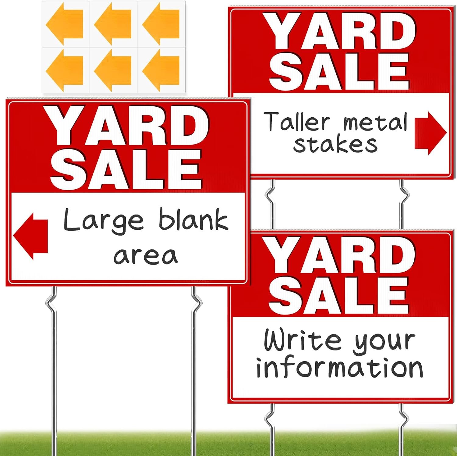 Remiawy Yard Sale Signs, 3 Pack Yard Signs with Metal Stakes, 17×13 Inch Double Sided Large Garage Sale Kit with Directional Arrows Stickers Weatherproof Corrugated Plastic for Event