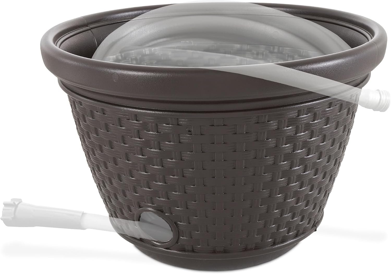 Suncast Decorative Wicker Garden Hose Holder Pot with 4 Drain Holes for 100 Foot Hoses, Java