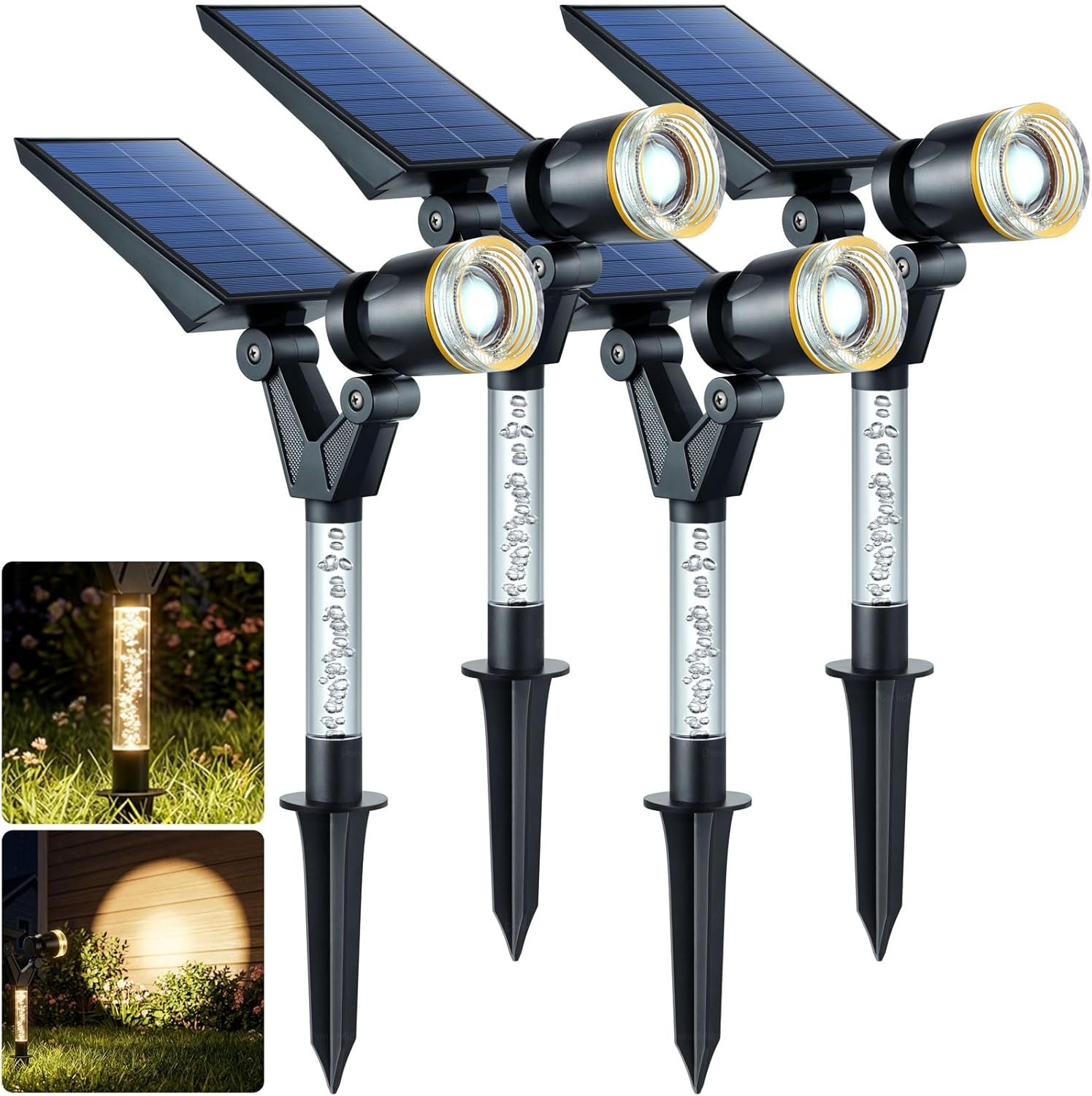 DenicMic Solar Spot Lights Outdoor Waterproof 3000K Warm White Lens LED Adjustable Angle Solar Lights Outdoor for Yard Garden Patio Wall Landscape Lighting Outside 4 Pack