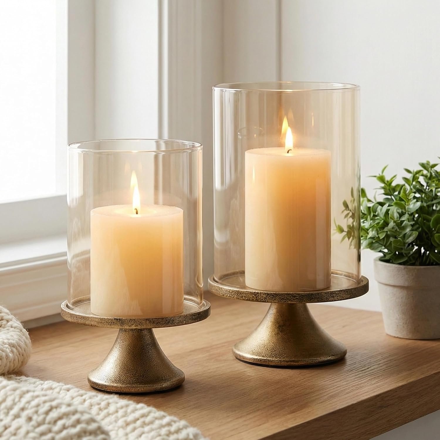 Set of 2 Hurricane Candle Holder Set with Glass Dome & Iron Base – Elegant Decorative Pillar Candle Holders for Living Room, Dining Room & Bedroom Centerpiece – Ideal Home Décor