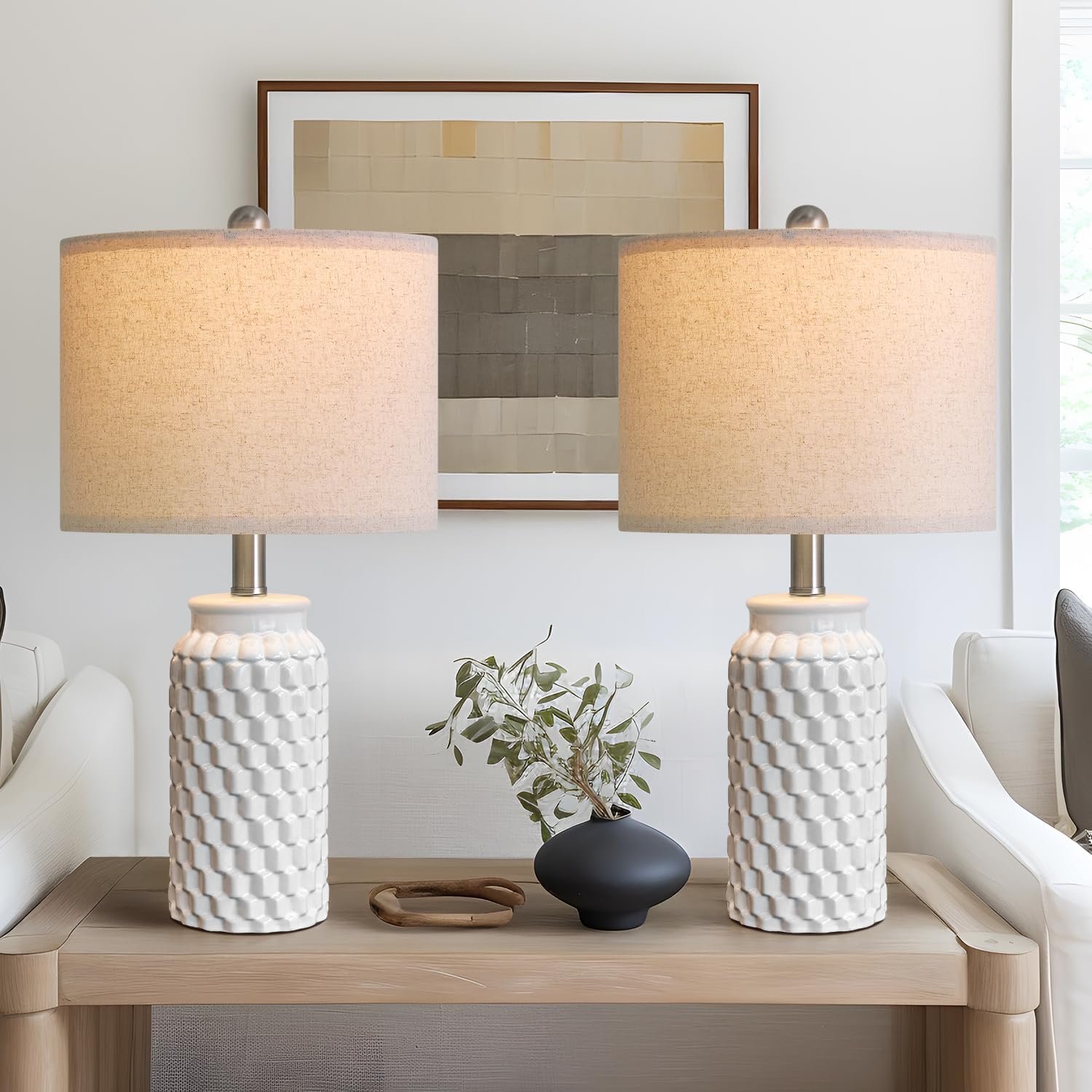 USumkky 20.5″ White Modern Ceramic Bedside Lamps Set of 2, Small Table Lamp for Bedroom Decor Farmhouse Nightstand Lamp for Living Room Office