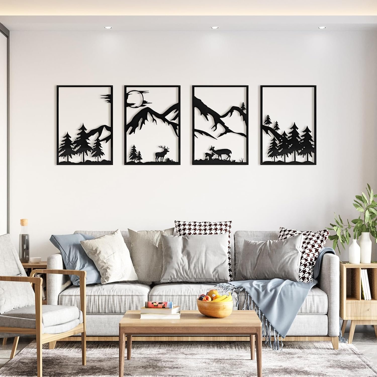 LONGKING 4 Pack Metal Wall Art, Mountain Iron Wall Sculpture, Art Wall Décor for Office, Dining Room, Living Room, Bedroom (Black, 17 x 12 in)