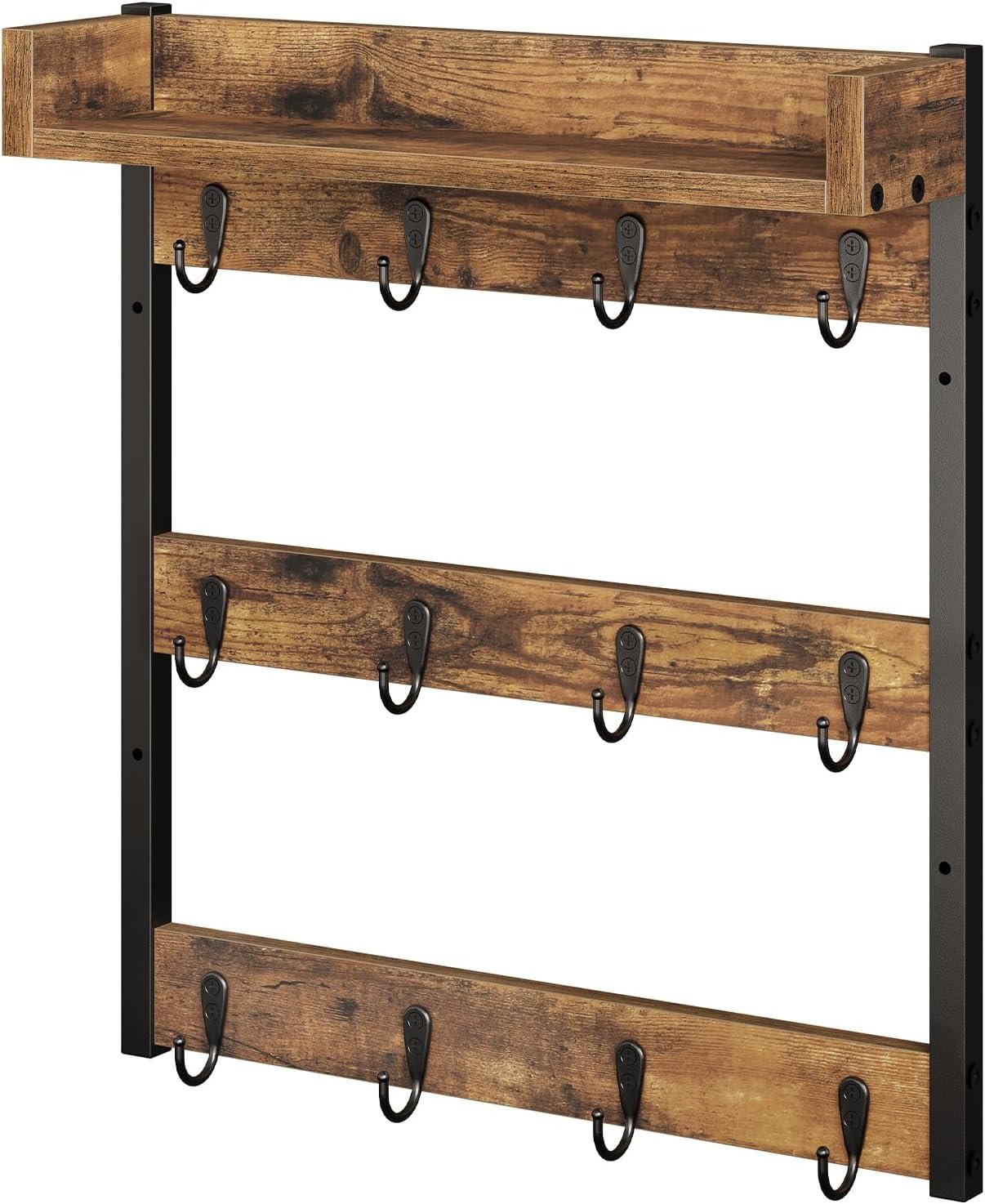 YATINEY Coffee Mug Holder Stand, 3 Tier Mug Tree Rack, Hanging 12 Cups, with Top Shelf, for Kitchen, Dining Room, Living Room, Cafe, Rustic Brown MH42BR