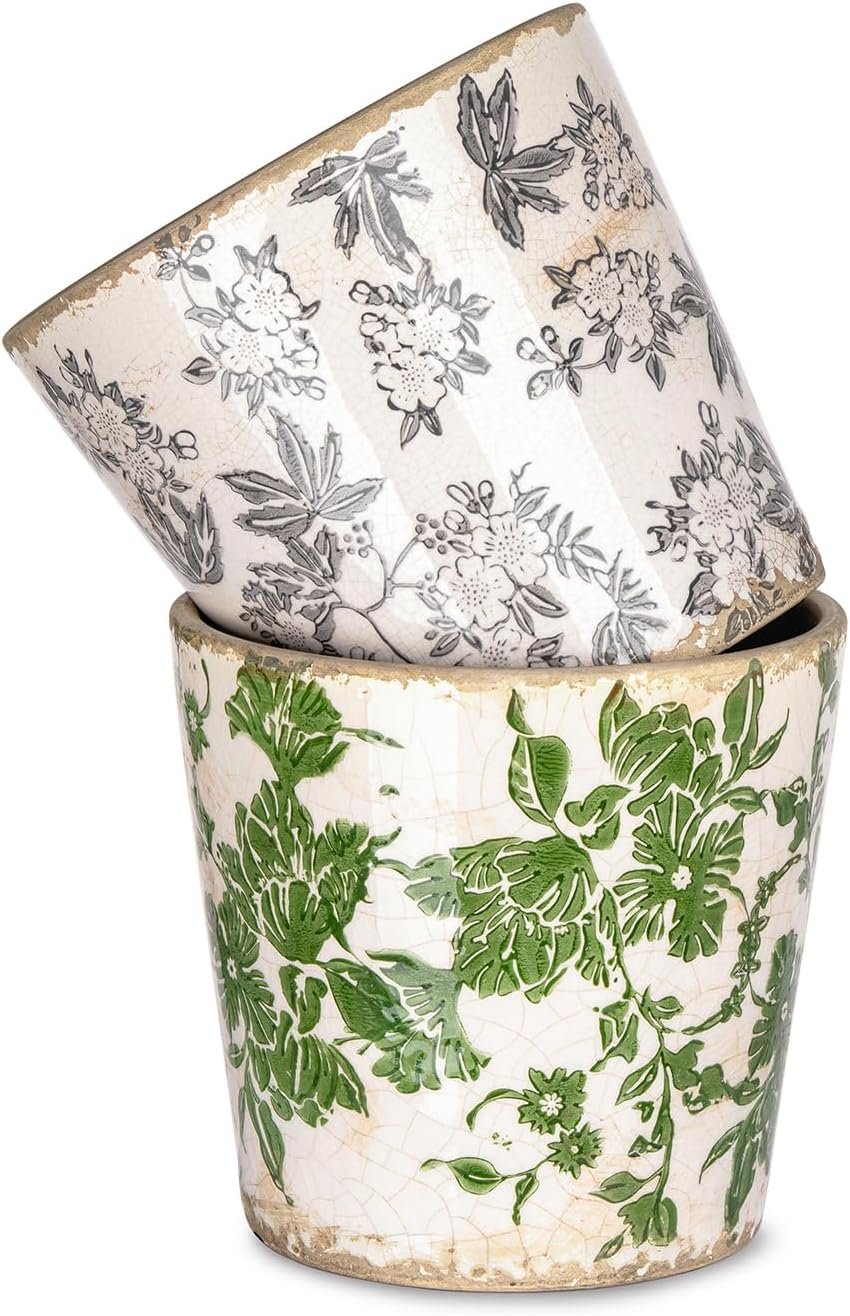 Sungmor Vintage Ceramic Planter Set of 2 – Decorative Indoor & Outdoor Flower Pots with Drainage Holes – Tuscan Décor Pots, 5.5″ Ice Crackle Glaze Planters for Home, Kitchen, Patio, and Garden