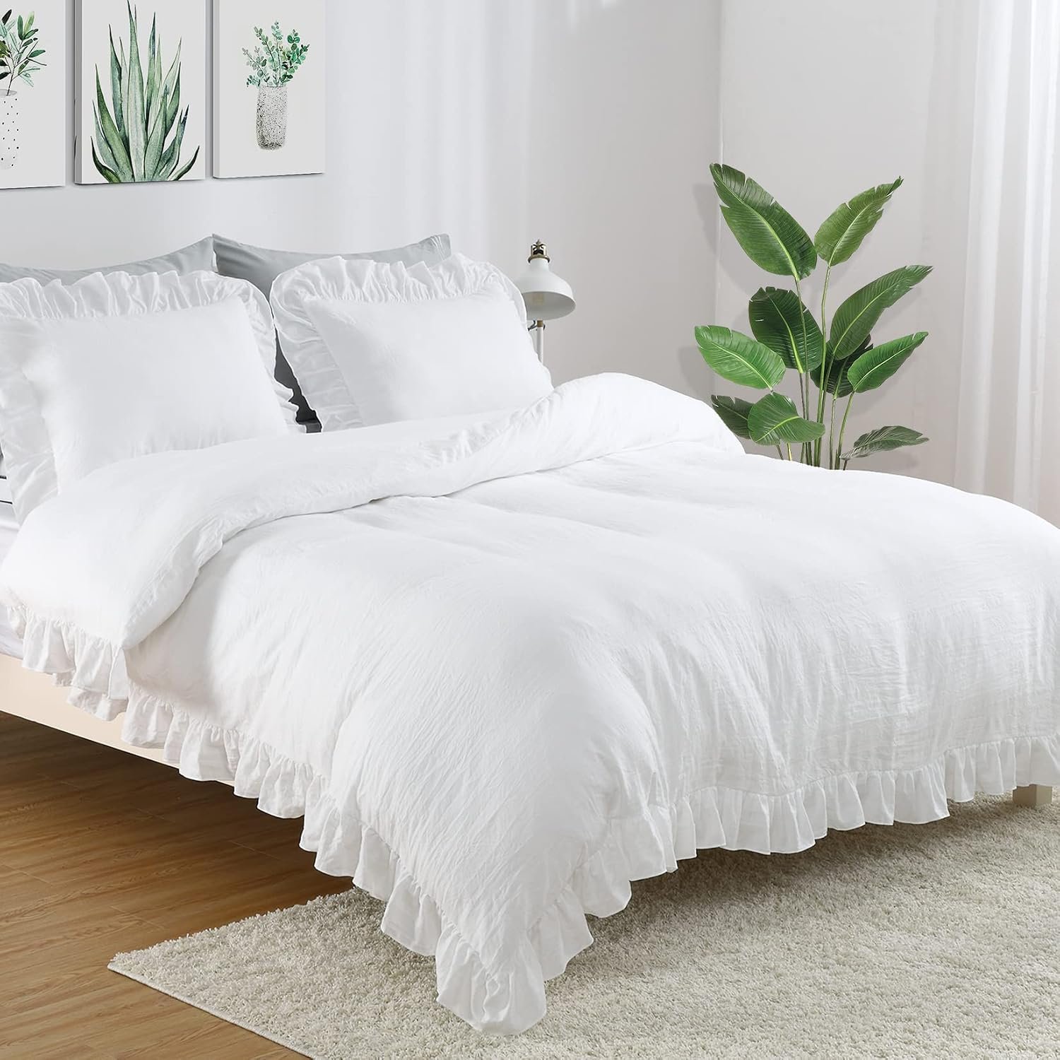 CAROMIO White Ruffle Duvet Cover Queen Size, 3PCS Soft Washed Microfiber Vintage French Country Duvet Cover Set for Queen Bed, White, 90×90 in
