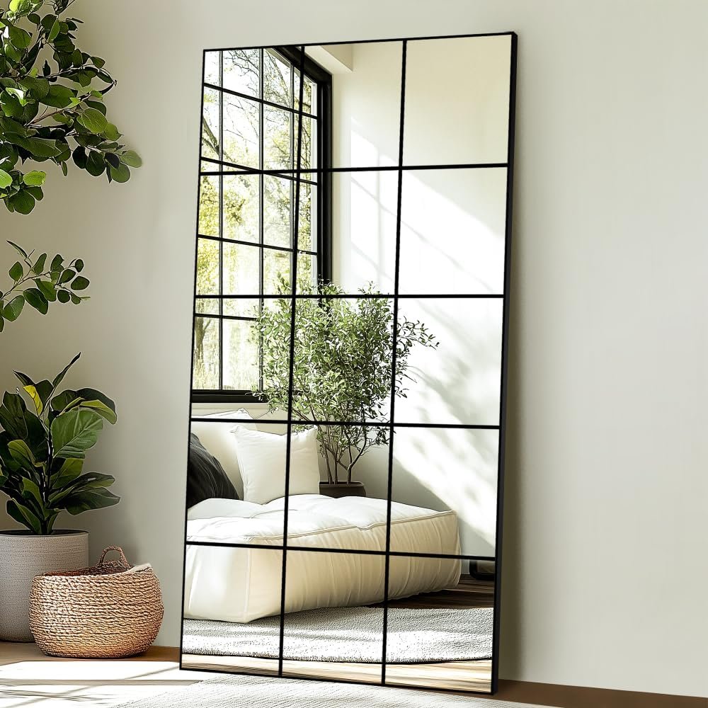 Delma Full Length Mirror, 28″x 55″ Window Pane Decorative Mirror for Wall, Black Metal Framed Wall Decor, Wall Mounted, Hanging or Leaning for Bedroom, Living Room, Entryway
