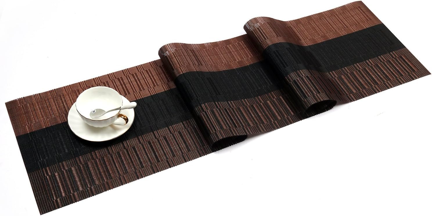SHACOS Table Runners Woven Vinyl Table Mats 12×71 inch for Kitchen Dining Table Non Slip Washable, Ombre Coffee Black