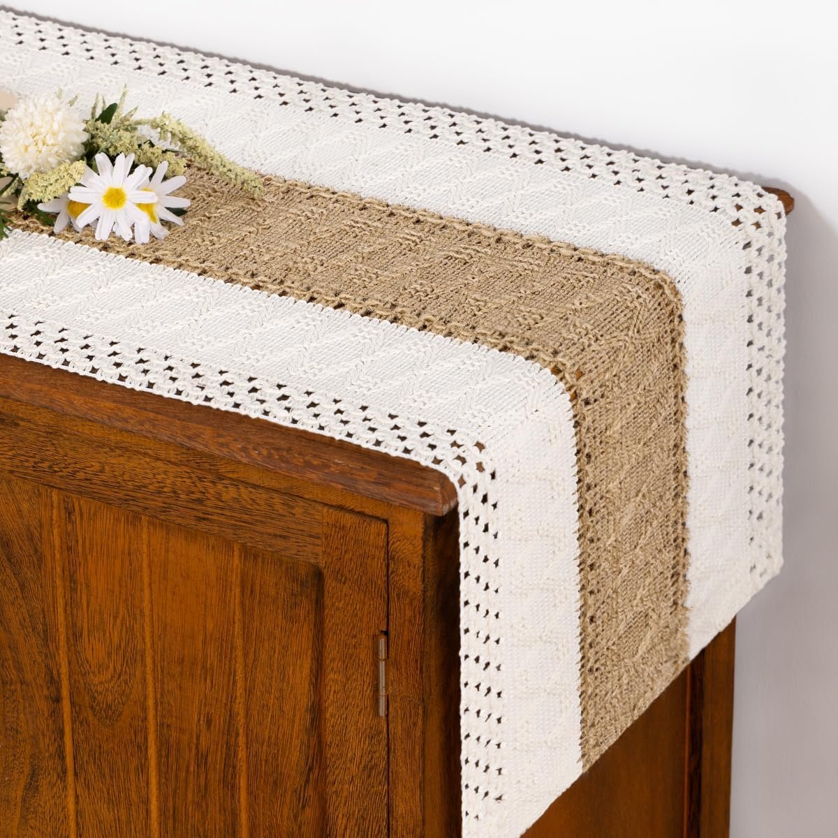 Socomi Boho Table Runner Summer Farmhouse Rustic Macrame Seasonal Long Woven Cotton Linen Small Coffee Dining Kitchen Table Runner for Dresser Scarf Holiday Home Decor 72in Ivory and Burlap