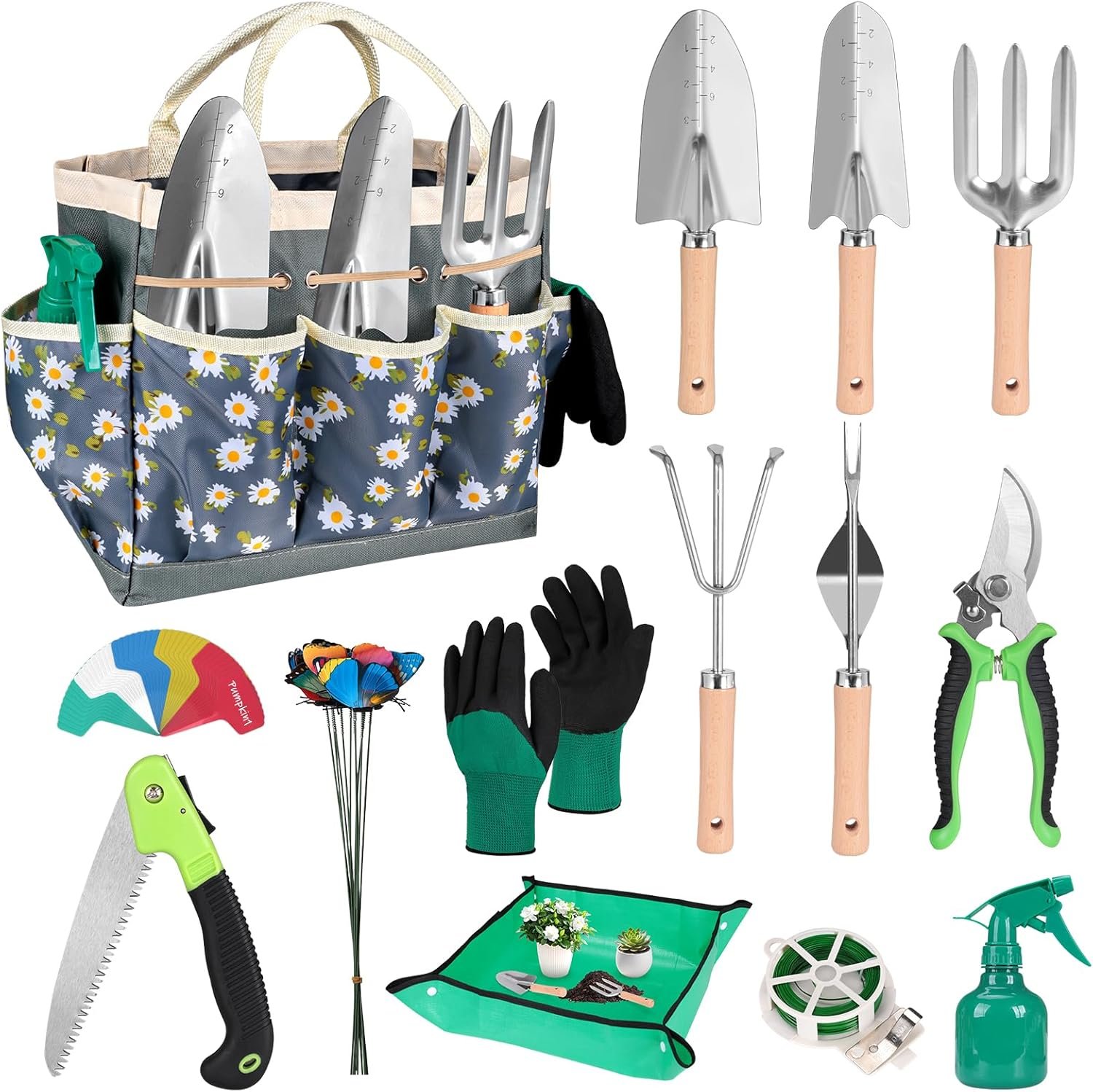 62-Piece Heavy-Duty Garden Tool Set, Complete Garden Tool Kit with Stainless Steel Shovel, Repotting Mat, Pruning Shear&Durable Gardening Tool Bag, Gardening Gift Set—Ideal Gift for Women/Men/Beginner