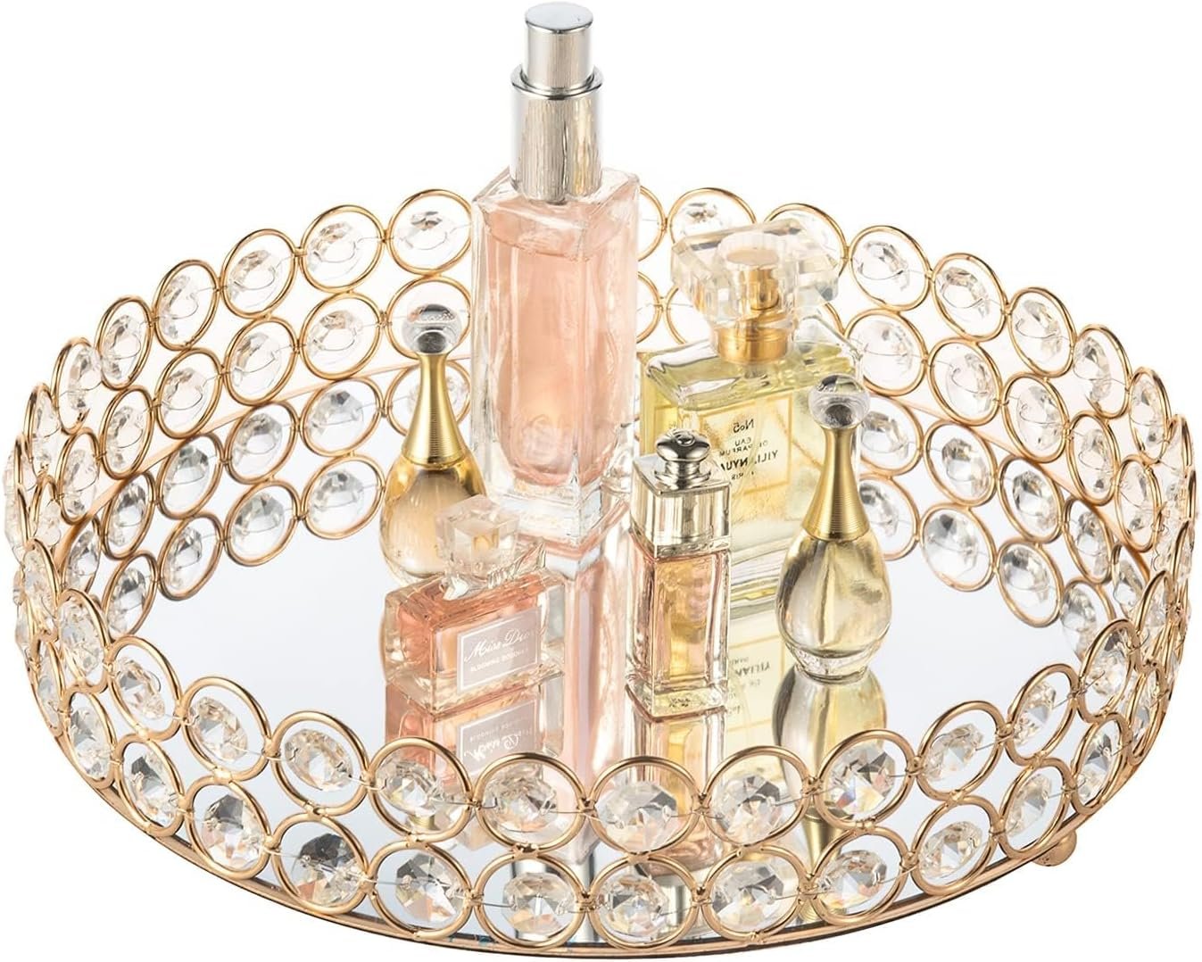 Feyarl Crystal Perfume Tray Makeup Cosmetic Vanity Organizer Jewelry Trinket Display Storage Mirrored Decorative Tray Skin Care Tray for Dresser Home Deco Birthday Gift(Round 10″ inch) (Gold)