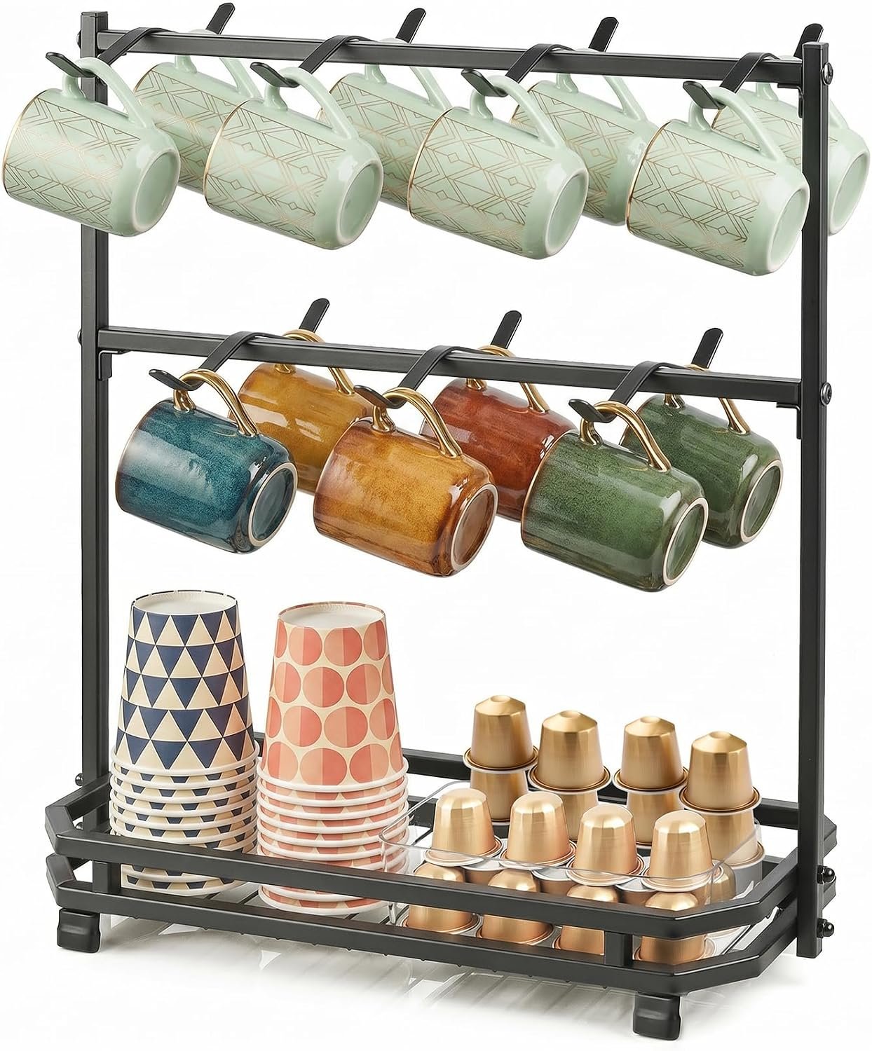 Coffee Mug Holder for Countertop, Coffee Cup Holder Rack with 14 Hooks, Metal Mug Tree Stand with Storage Base for K Cup Coffee Pod Paper Cups Tea Bag – Black