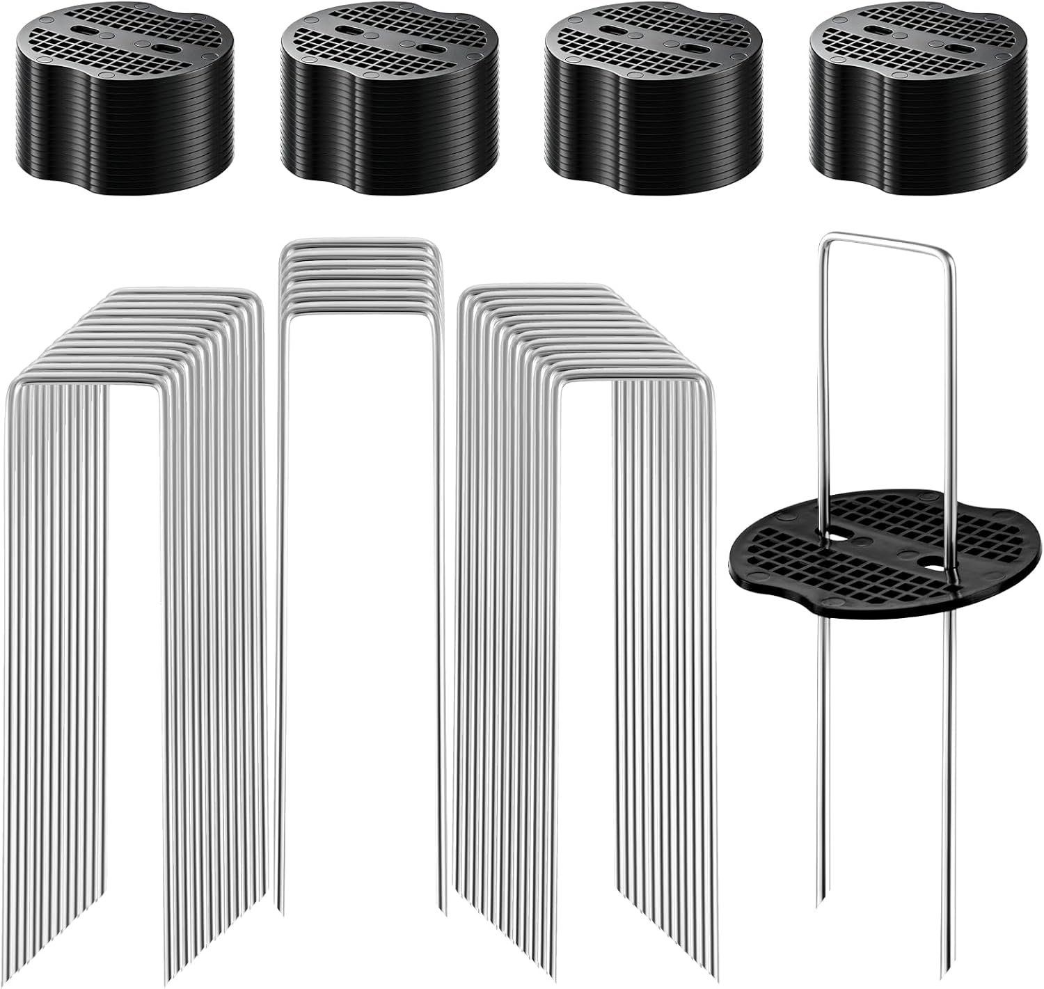 200Pcs Garden Stakes Staples Kit, 100Pcs 6 Inch U-Shaped Landscape Staples, 100Pcs Fixing Gasket for Weed Barrier Fabric, Ground Cover, Holding Fence and Artificial Turf