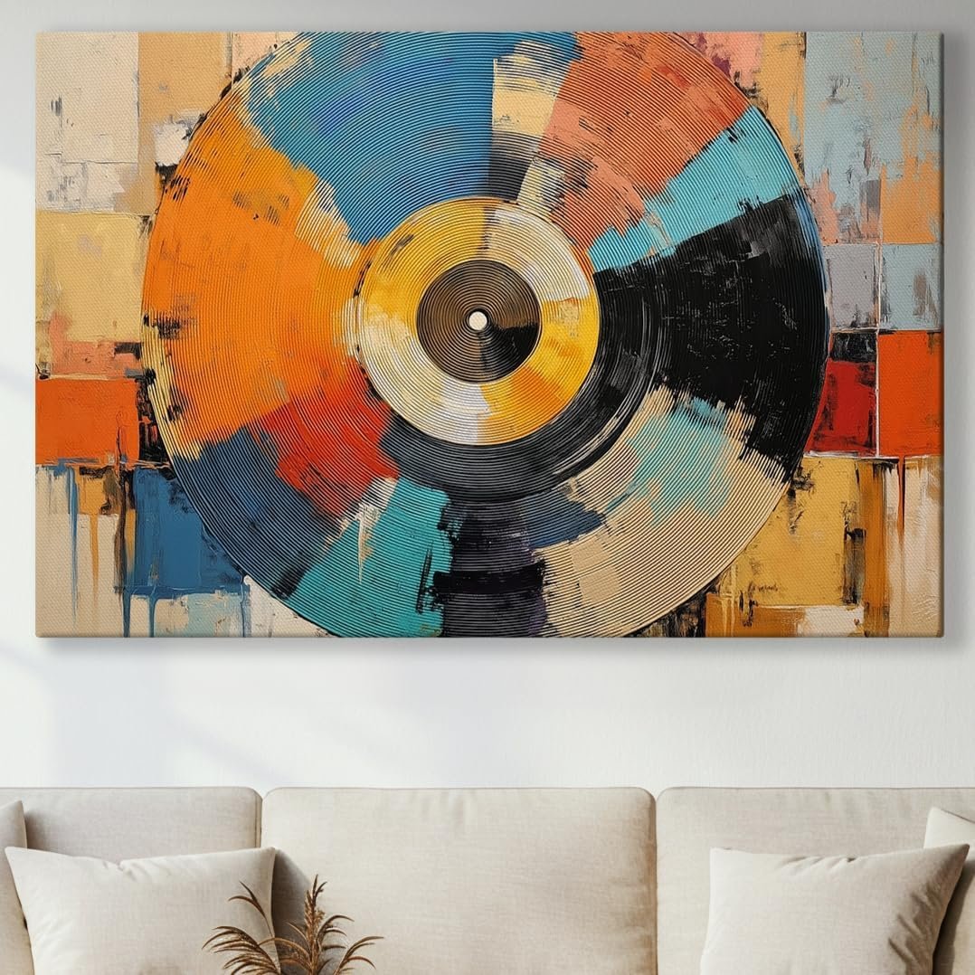 Framed Music Wall Art Canvas – Medium and Large Music-Themed Prints for Living Room, Office, Studio, Airbnb, Café Décor (Retro Color Spin Vinyl Art, 16″ L x 24″ W)