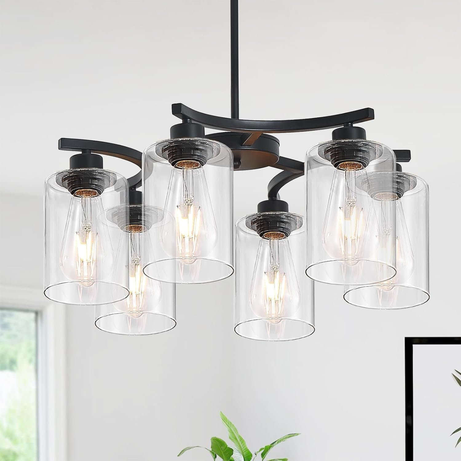 6-Light Modern Farmhouse Black Chandeliers for Dining Room,20.8″ Kitchen Island Black Chandelier Over Table,Adjustable Height Hanging Pendant Lights,Clear Glass Shade Ceiling Light Fixture