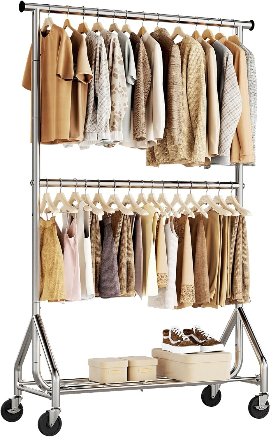 HYSEYY Heavy Duty Clothes Rack, Double Rod Clothing Rack for Hanging Clothes, Rolling Garment Rack, Adjustable Freestanding Wardrobe Closet Coat Rack for Bedroom Laundry Living Room, Silver