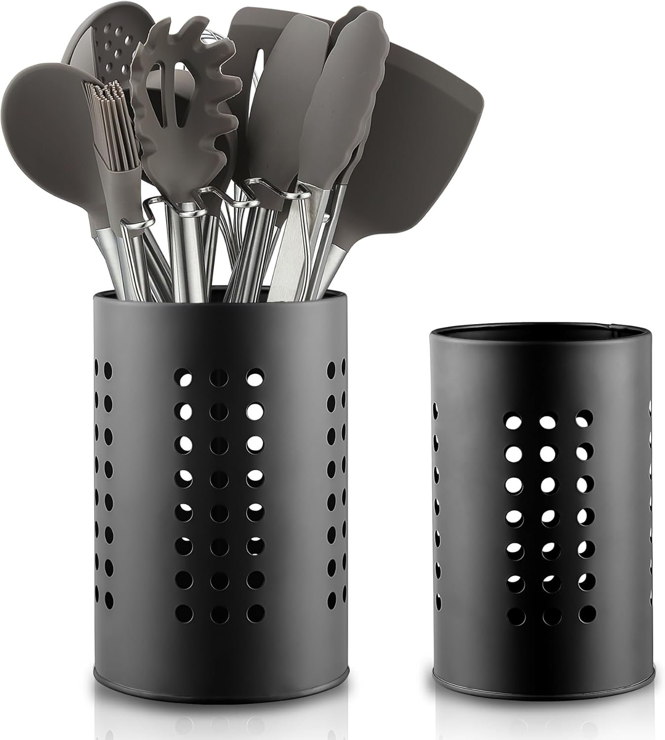 Berglander Kitchen Utensils Holder for Counter Top 2 Pieces, Black Stainless Steel Cutlery Holder, Kitchen Essentials Farmhouse Style Home Countertop Organizer