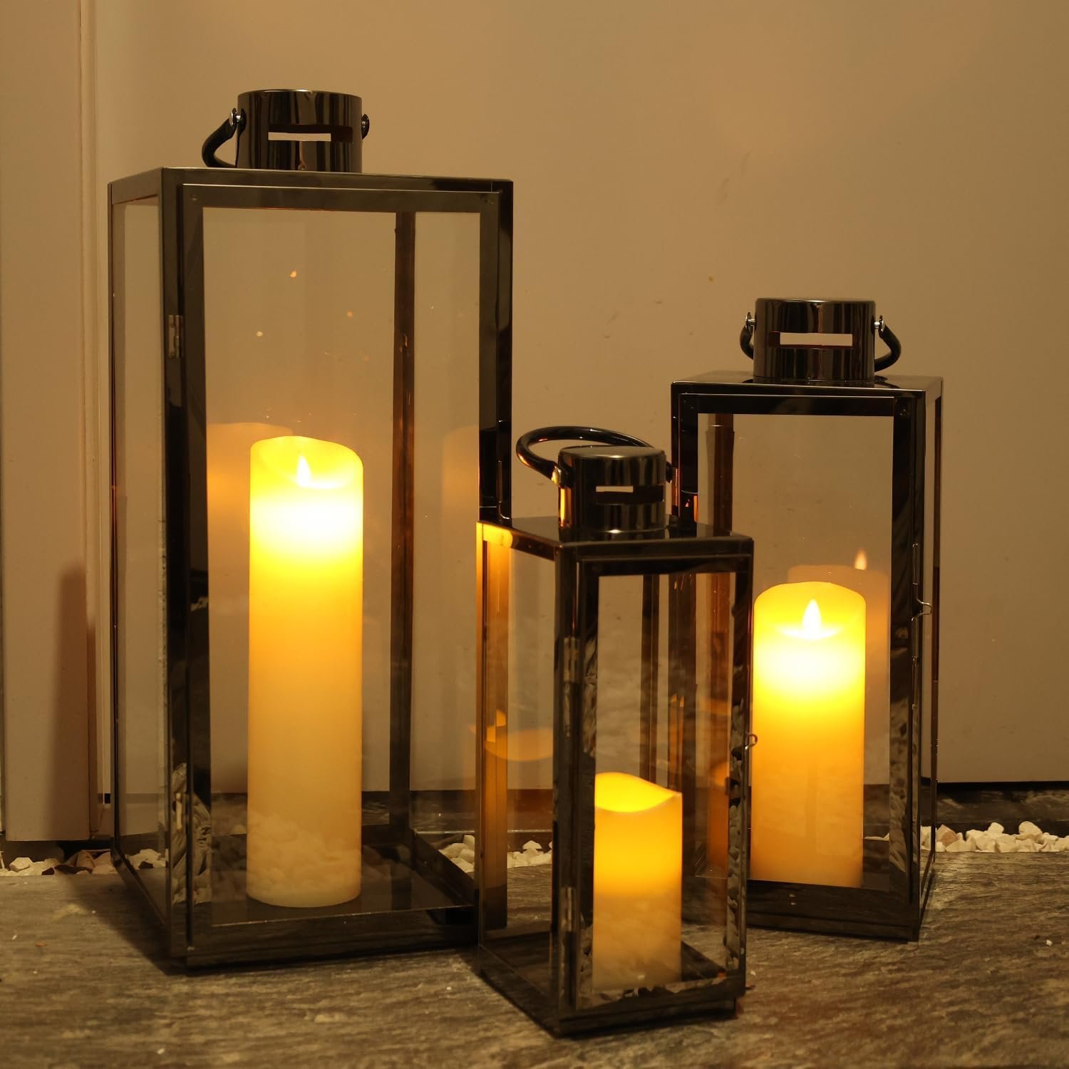 NEEDOMO Stainless Lanterns Decorative Outdoor & Indoor, Set of 3 Outdoor Lanterns for Porch, 25″/ 19.5″/15″ Candle Lantern,Stainless with Glass, Vintage Farmhouse, Patio, Pathway, Garden, Christmas