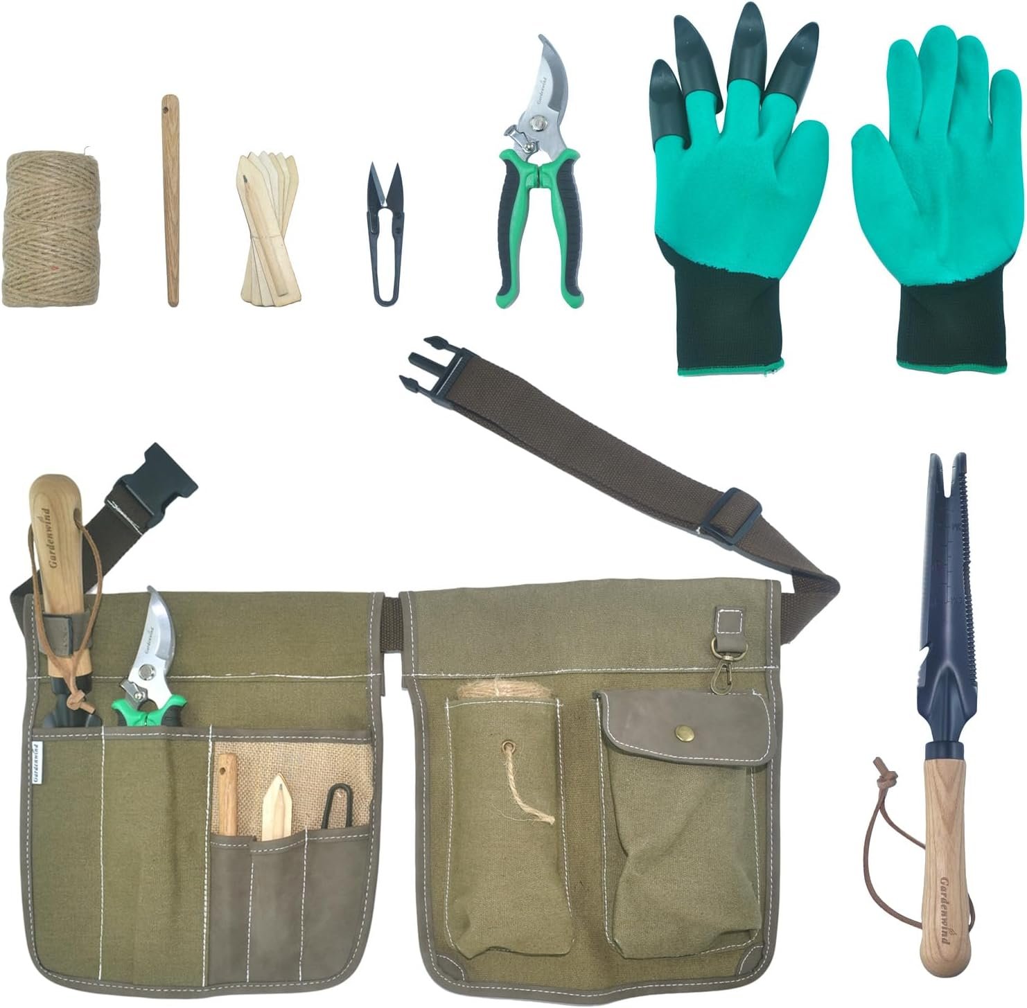 Gardenwind 14Pcs Gardening Tools for Men Gardening Hand Tools with Weeder, Scale, Sawtooth, Cut Rope, Waist Bag,Heavy Duty, Garden Gifts for dad