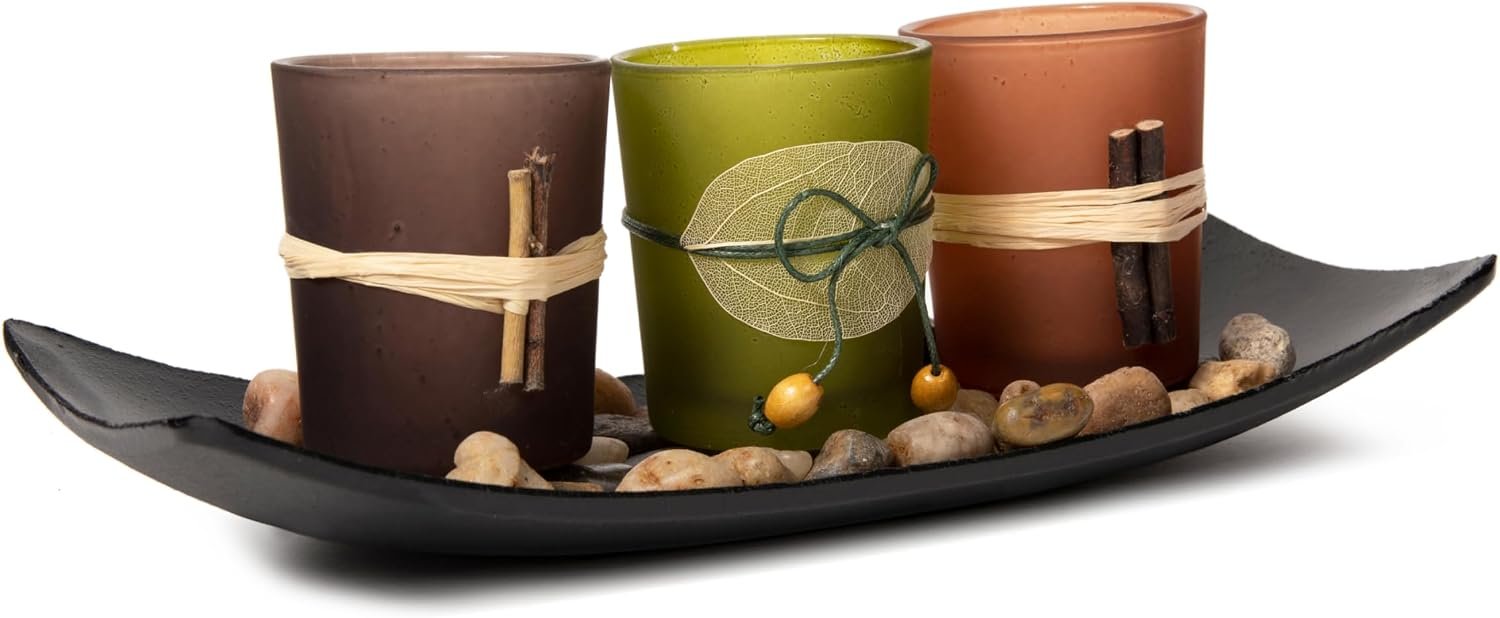 Dawhud Direct Decorative Votive Candle Holders, Vintage Decor Flameless Candlescape Set, 3 LED Tea Light Candles, Rocks and Tray – Fall Table Decor (Earth Tones)