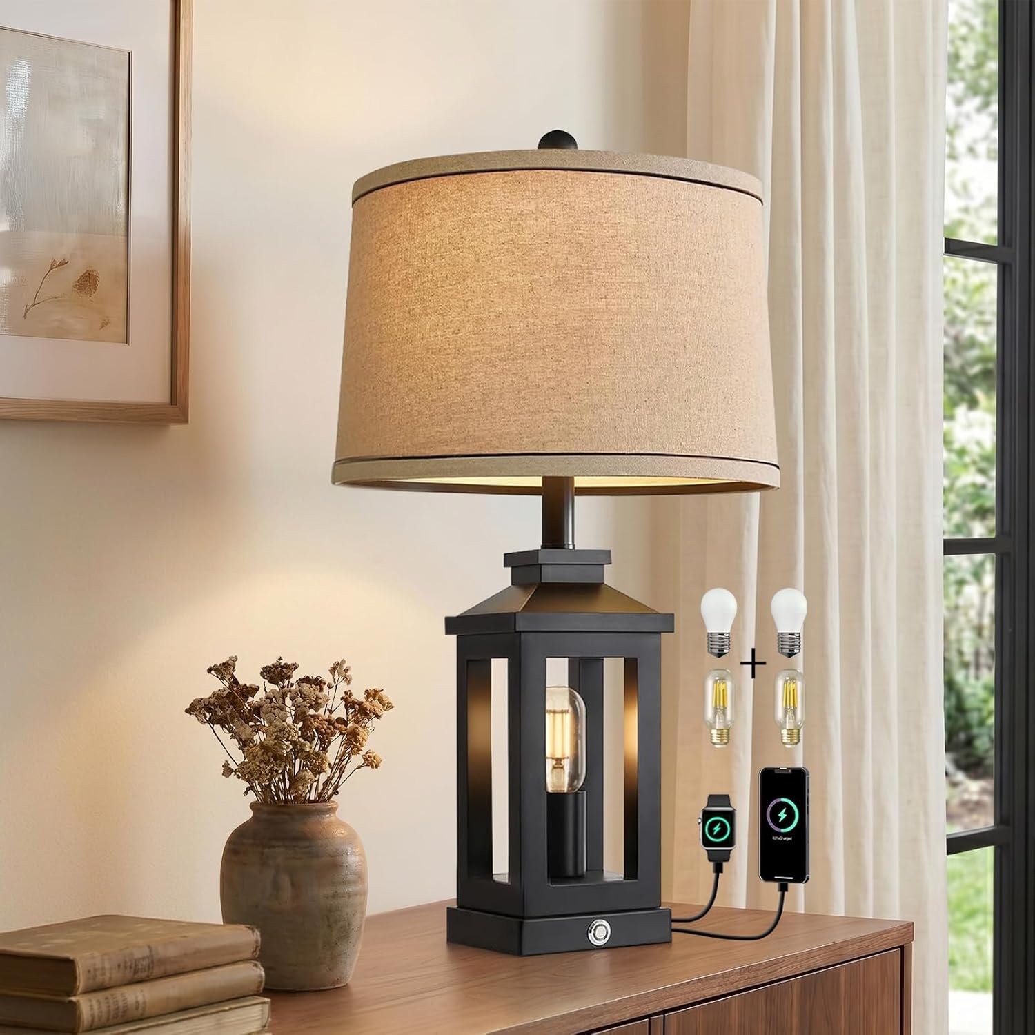G-SAFAVA 23.75″ Retro Farmhouse Black Table Lamp for Living Room Bedroom Nightstand Single Pack Touch Control Bedside Nightlight Vintage Modern Lamp with USB C+A Ports and 2 Light Sources