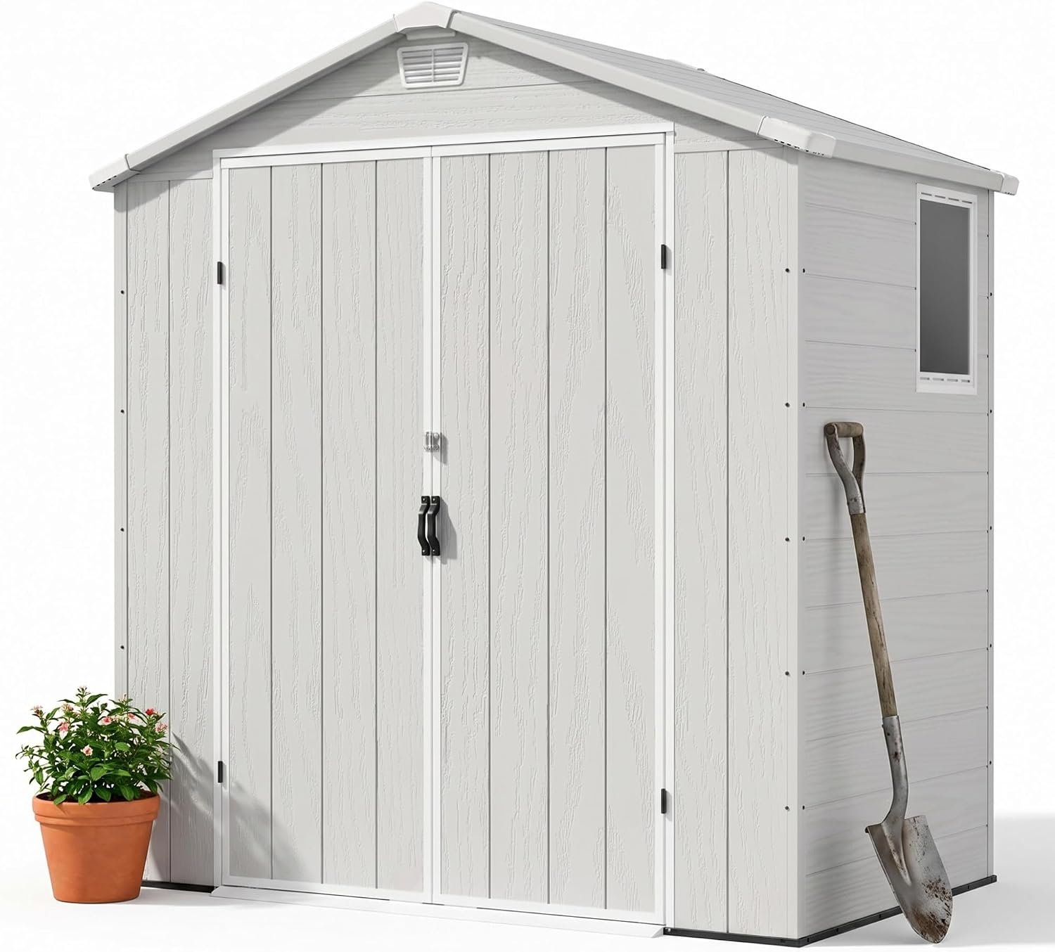 Devoko 6 x 4 FT Resin Shed with Floor, Outdoor Plastic Storage Sheds with Windows, Waterproof Utility Tool Garden Shed with Lockable Door for Backyard Patio Lawn, Light Gray