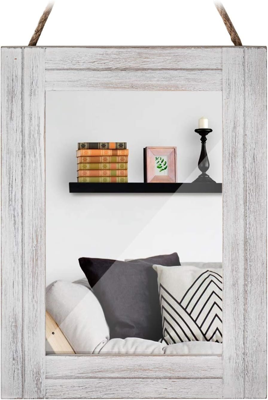 Rectangle Wall Mirror for Bathroom, Distressed White Wood Decor with Hanging Rope for Rustic Home Decor, Vanity, Living Room 12″×16″