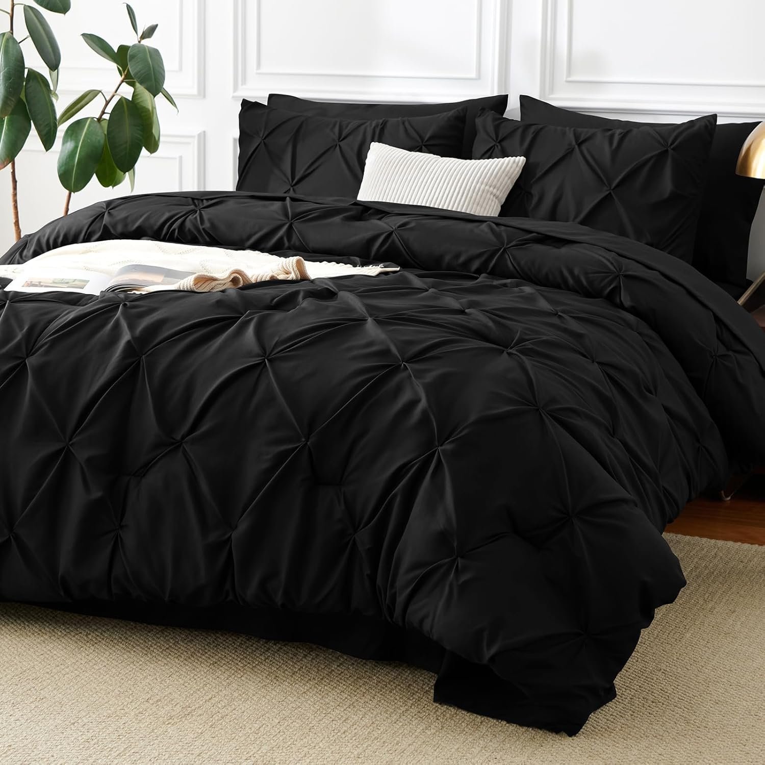 CozyLux Queen Comforter Set Black, 7 Pieces Pintuck Bed in A Bag, All Season Comforter Queen Size, Bed Set Gift for Family, Pinch Pleat Bedding Sets with Comforter, Sheets, Pillowcases & Shams