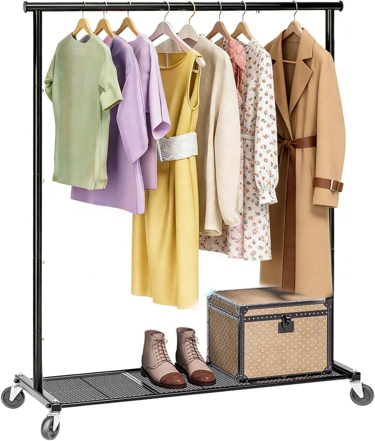 Ekisemio Clothes Rack for Hanging Clothes, 64.25 Inch Clothing Racks with Wheels, Portable Rolling Clothes Garment Rack for Bedroom, Laundry, Living Room, Black