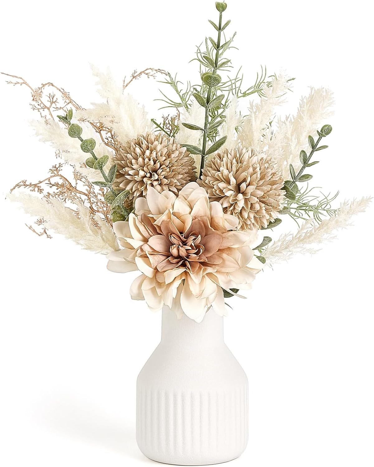 Mkono Small Artificial Flowers in Ceramic Vase 12.5″ Centerpieces Coffee Table Decor, Silk Flower Arrangements for Home Decor Indoor Fake Flower Bouquet for Bathroom Dining Room Kitchen Wedding Brown