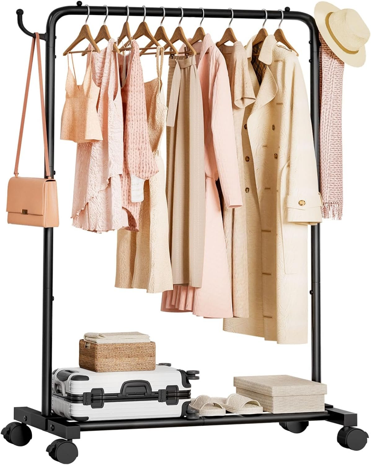 Homde Rolling Clothes Rack with Hooks: Standing Garment Storage for Indoor – Hanging Rod for Bedroom Laundry Room – Coat Dress Organizer on Wheels with luggage shelf (Black, 31.5″)