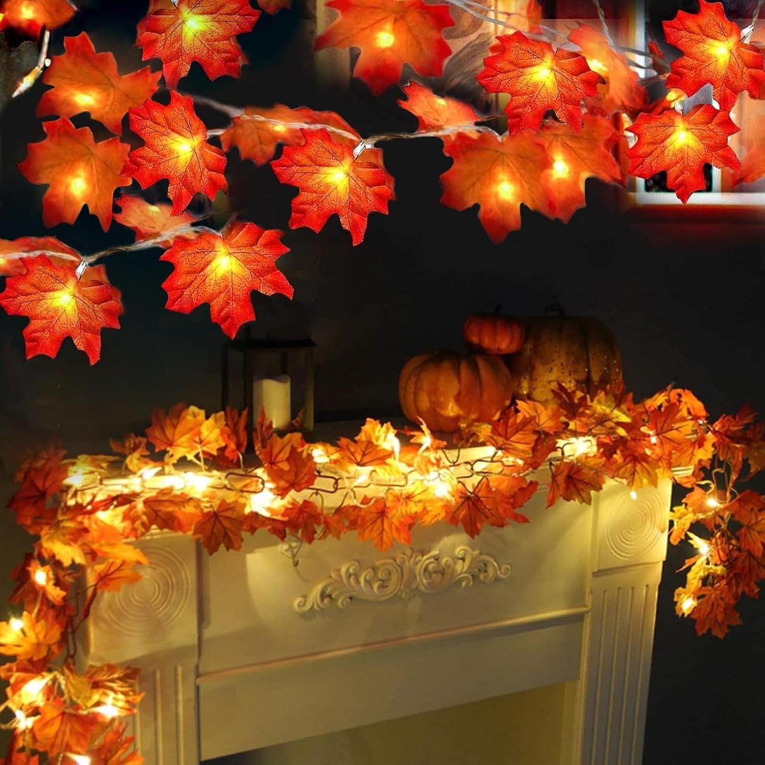 TURNMEON 2 Pack Fall Decor Enlarged Maples Leaves Lights Total 20Ft 40LED | Fall Decorations for Home,Battery Operated Autumn Garland Lights Waterproof Indoor Outdoor Halloween Thanksgiving Decorations