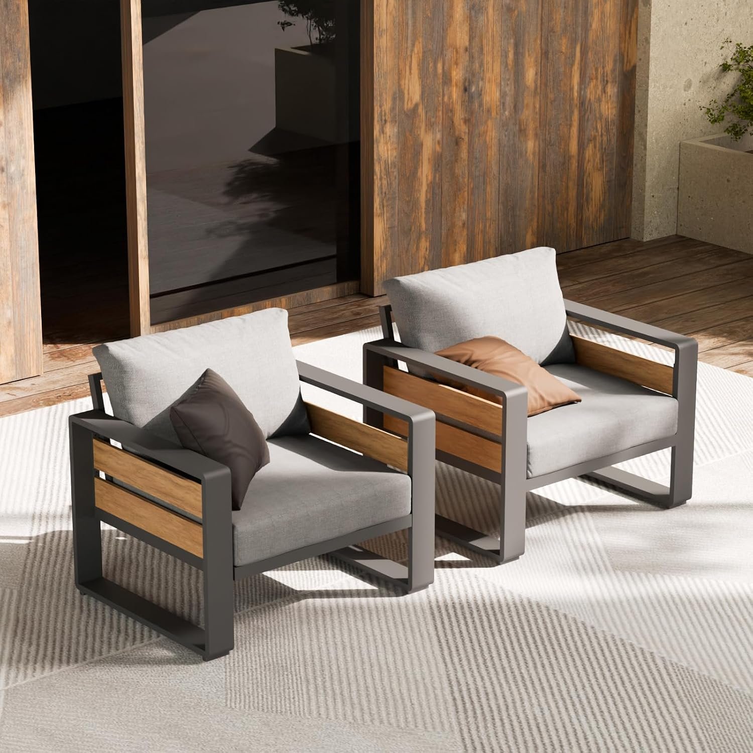 ZANDOR Aluminum Outdoor Patio Furniture – 2 Pcs Armchair, All-Weather Metal Modern Outside Furniture with Washable Thick Cushion for Garden/Backyard/Porch, Grey | Rustproof,High weight capacity,Water-repellent,Washable Cover,All-Weather Resistant,Easy clean,for Poolside Backyard Deck