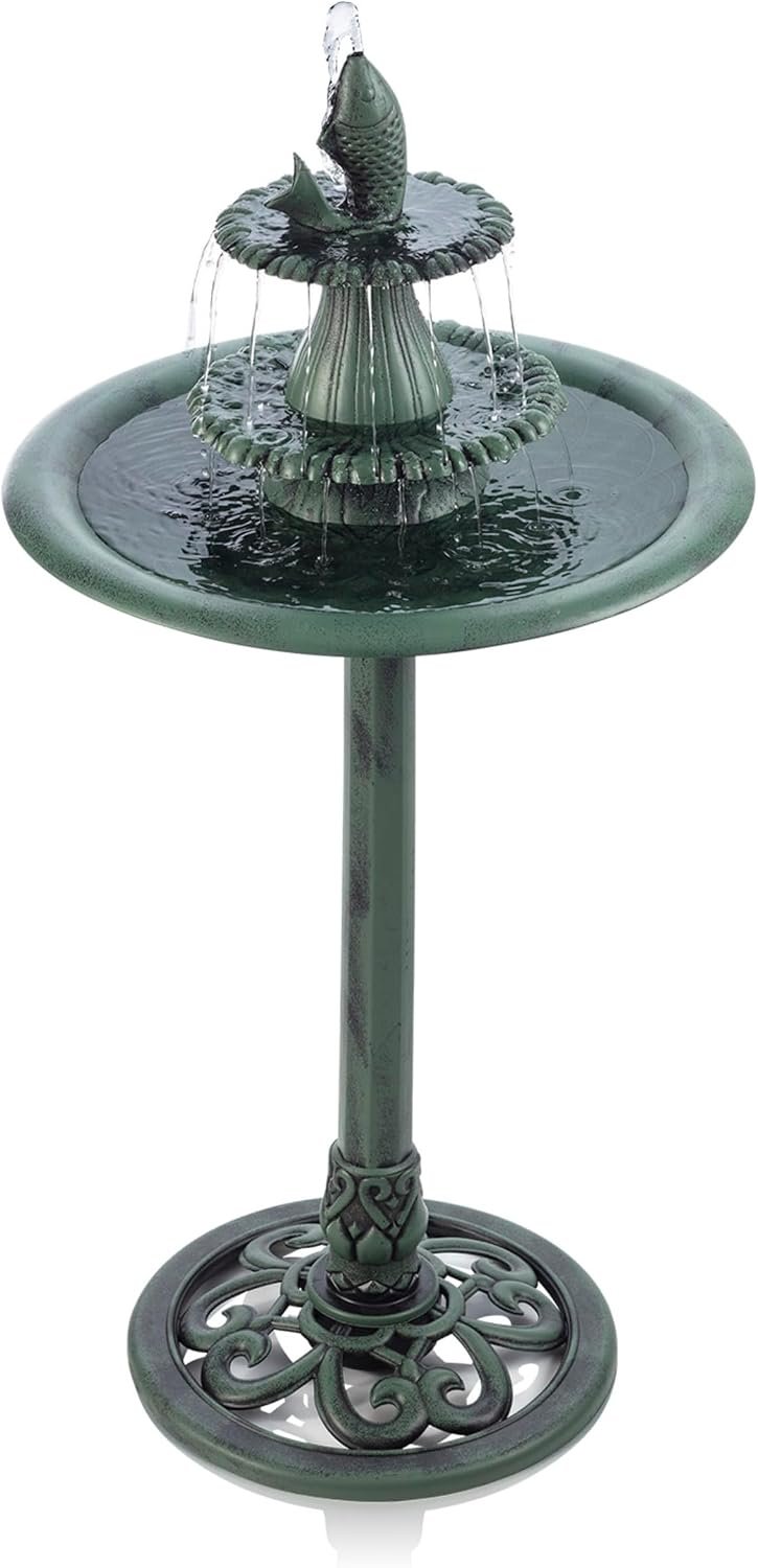 Alpine Corporation 40″ Tall Outdoor 3 Tier Pedestal Water Fountain with Vintage Birdbath Accent, Garden Decor, Green