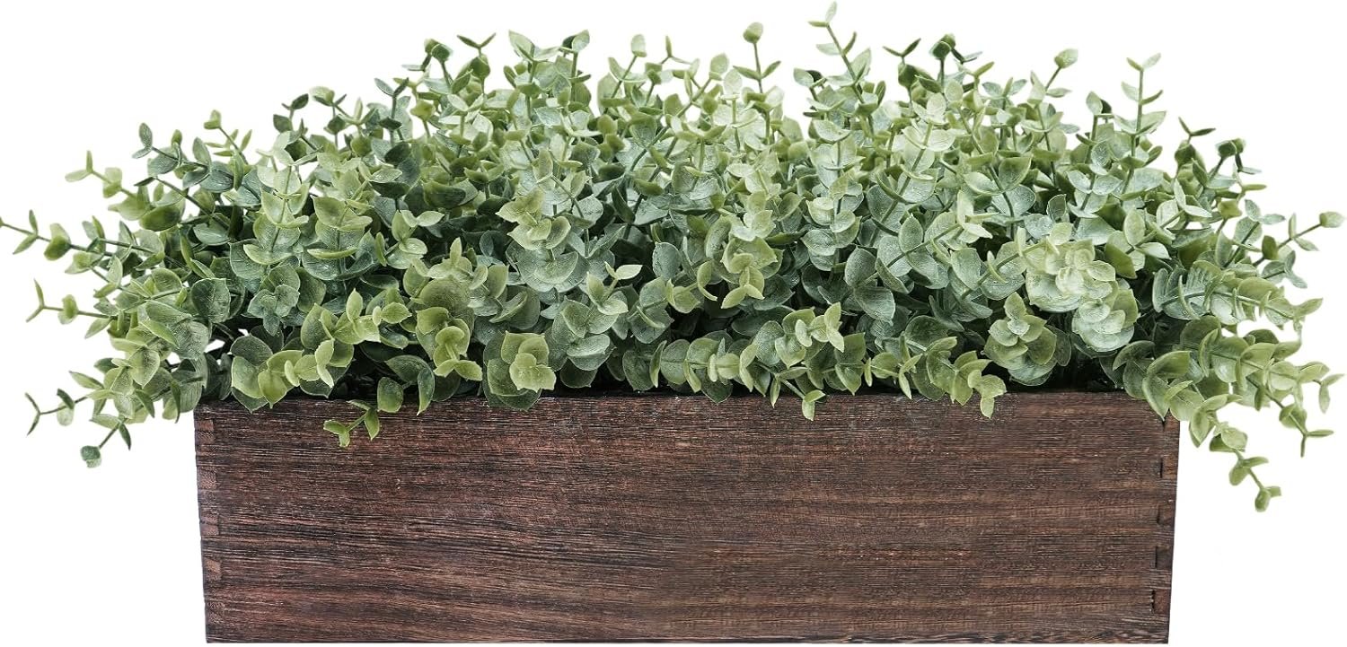 Winlyn 14″ Artificial Eucalyptus in Rectangular Wood Planter Box Faux Plants Arrangement Centerpiece Wooden Potted Eucalyptus Plant for Farmhouse Wedding Dining Table Centerpiece Greenery Mantel Décor