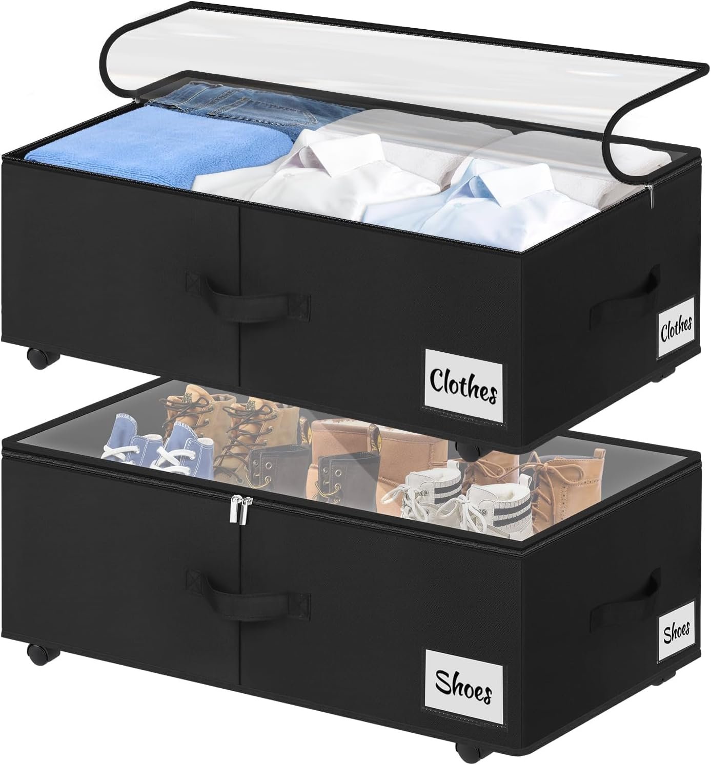 Under Bed Storage with Wheels, 2-Pack 10″ Height XXL 75L Rolling Storage Bins, Quick Assembly Underbed Shoe Storage Containers with Clear Lid & Label, Dorm Under Bed Drawers for Clothes, Shoes, Black