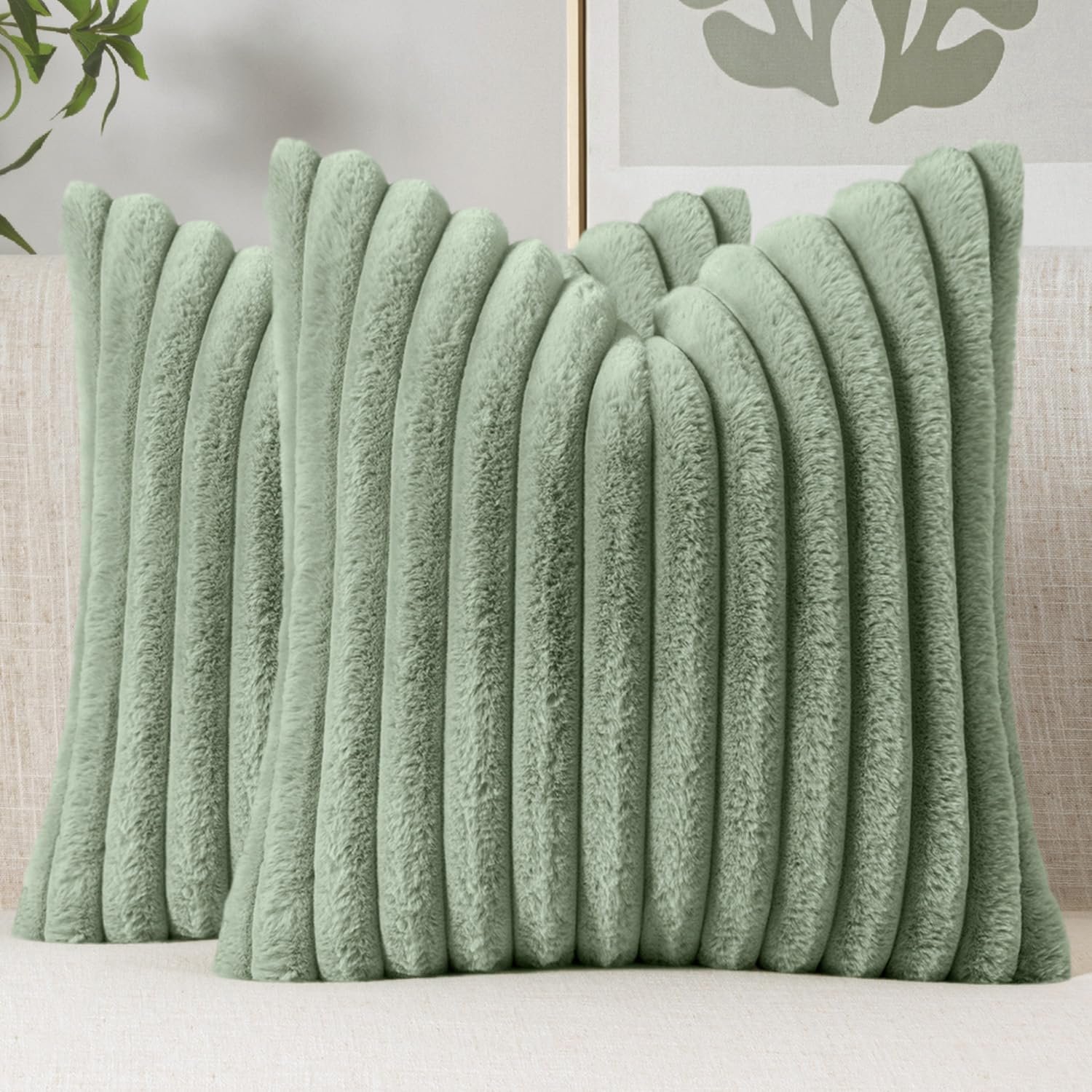 MIULEE Faux Fur Decorative Throw Pillow Covers 18×18 Set of 2 Sage Green | Modern Spring Home Decor Soft Plush Couch Pillows Cozy Fluffy Cushion Covers for Sofa Bed Living Room
