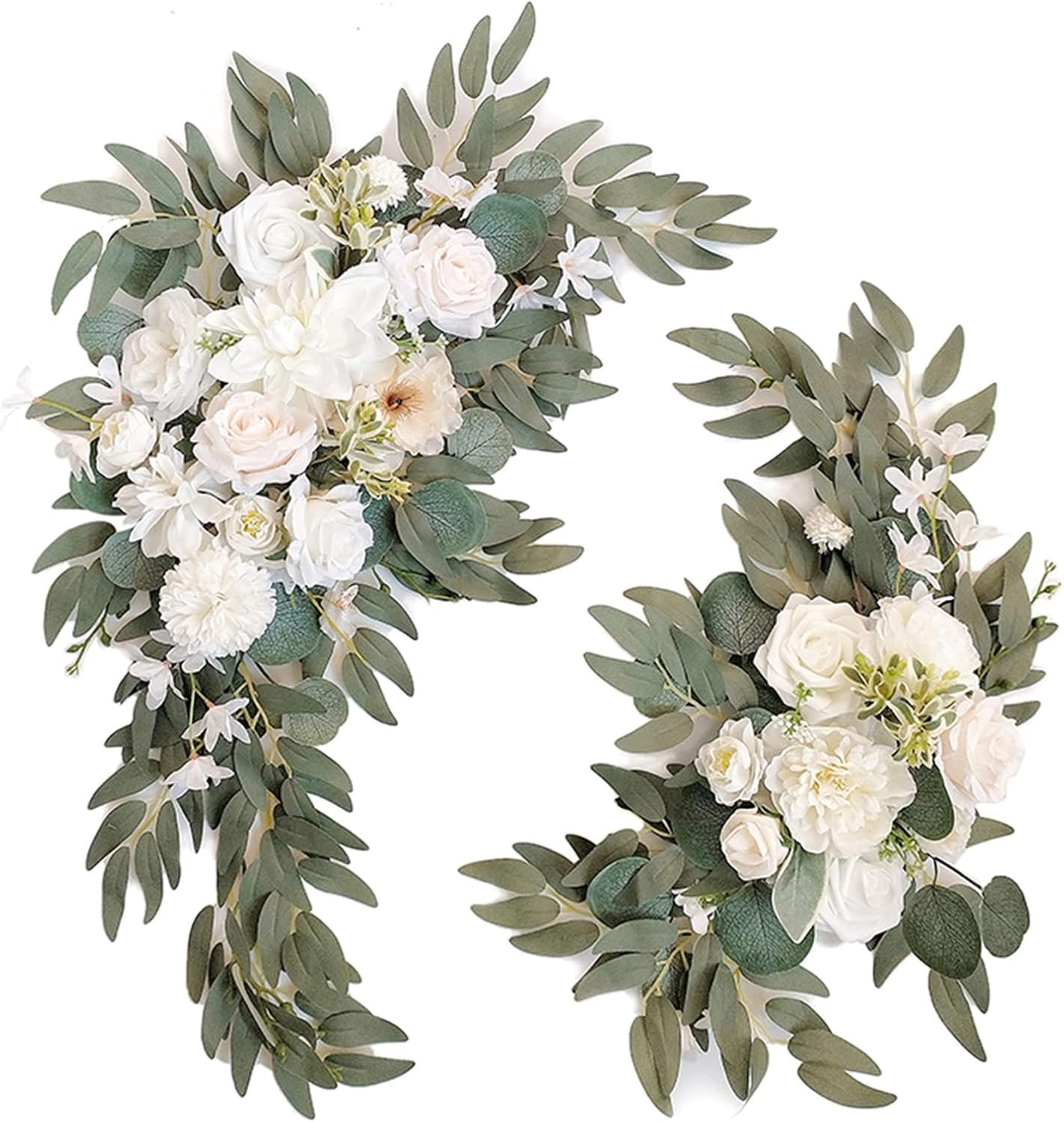 Artificial Wedding Arch Flowers Set of 2, Faux Floral Swag for Wedding Welcome Sign, Ceremony and Reception Backdrop Decoration (White)