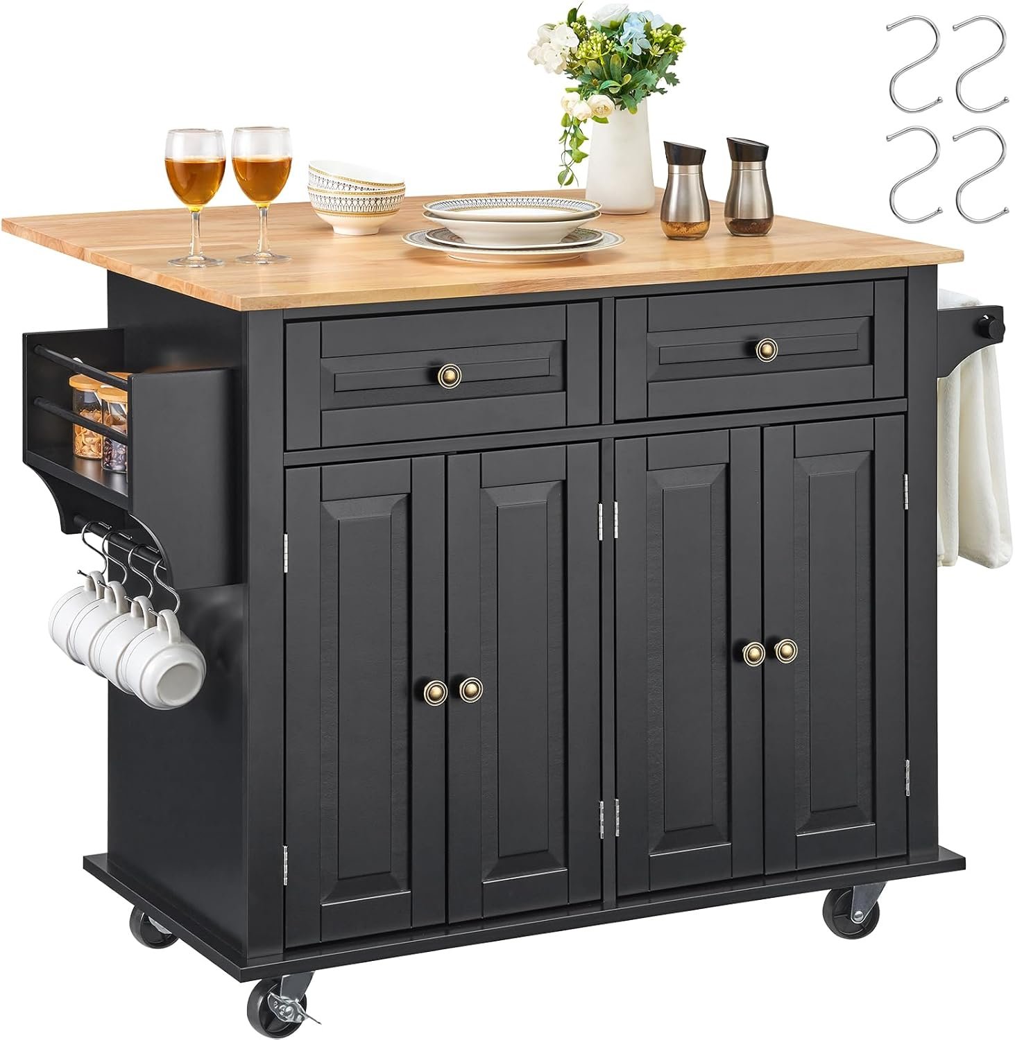 VEVOR Kitchen Island Cart, 35″ Wood Top Mobile Carts with Storage Cabinet, Rolling Table with Drop Leaf, Spice Rack, Towel Bar, Adjustable Shelf, Drawer, and Hooks, Portable Islands on Wheels, Black