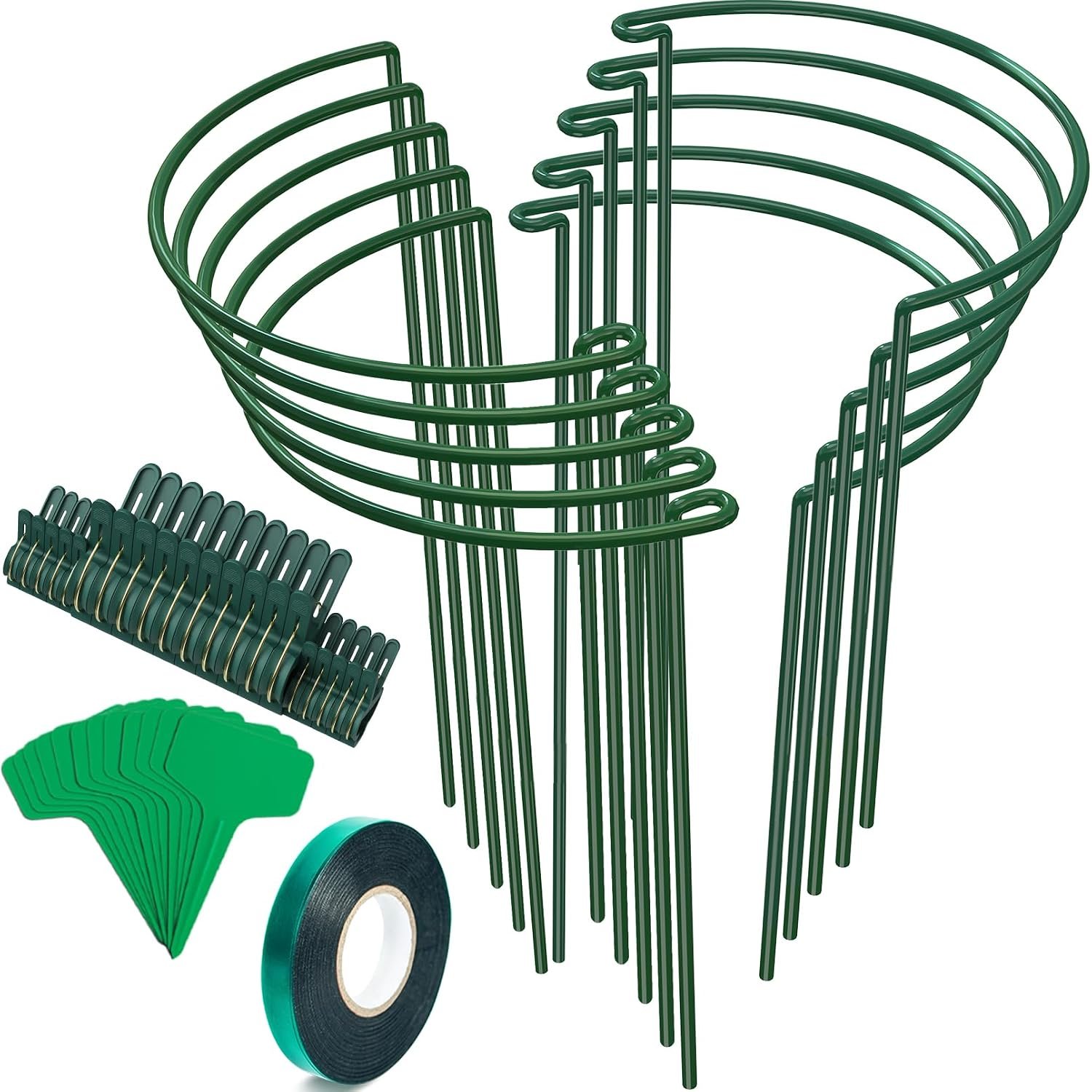 Unves 10 Pack Plant Support Stakes, 10″ W x 16″ H Half Round Peony Cages and Supports, Metal Peony Cage Plant Ring for Outdoor Plants Tomato Flower Vine, with Garden Labels, Clips and Ties