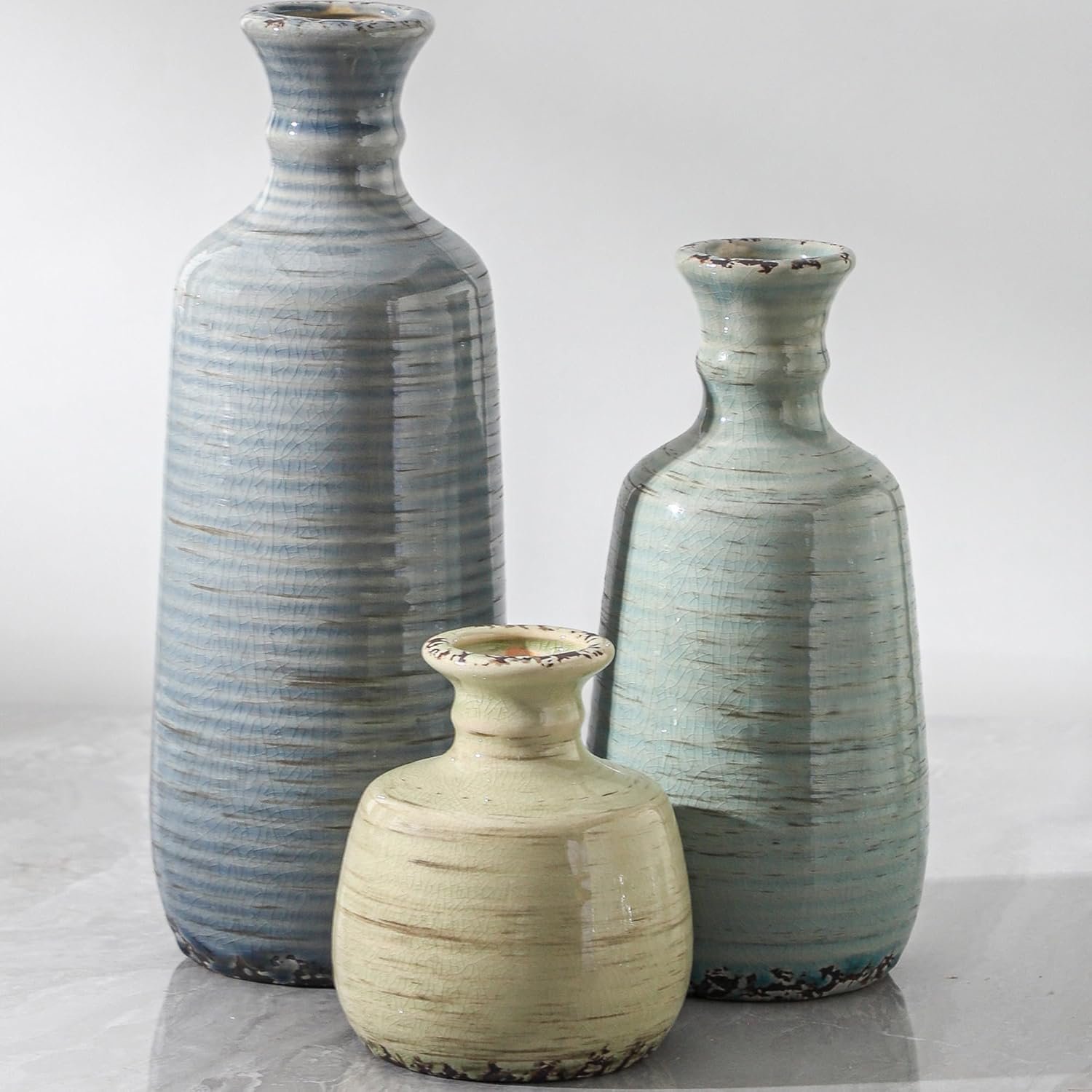 Ceramic Vase Set of 3, Rustic Neutral Vases Home Decor Farmhouse Decorative Flower Vase Modern Boho Pampass Vases for Table Mantel Entryway Shelf Living Room Kitchen Bathroom – Multicolor