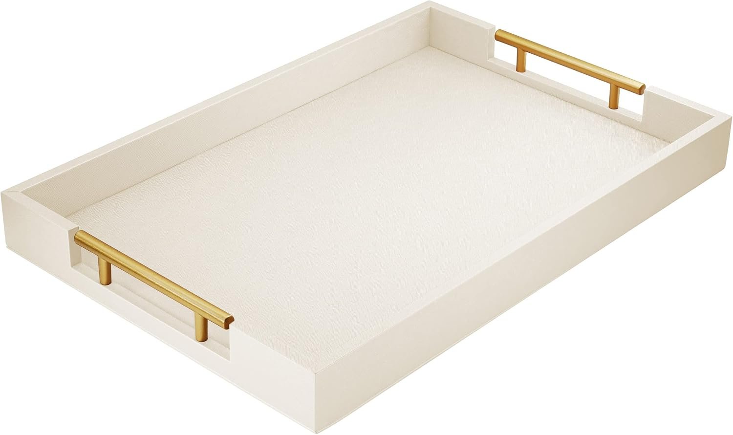 ATZYmolin 17″ x 12″ Wood Serving Tray with Gold Polished Metal Handles, Home Decorative Wooden Rectangle Ottoman Leather Decor Platter Bathroom Vanity Tray for All Occasions White