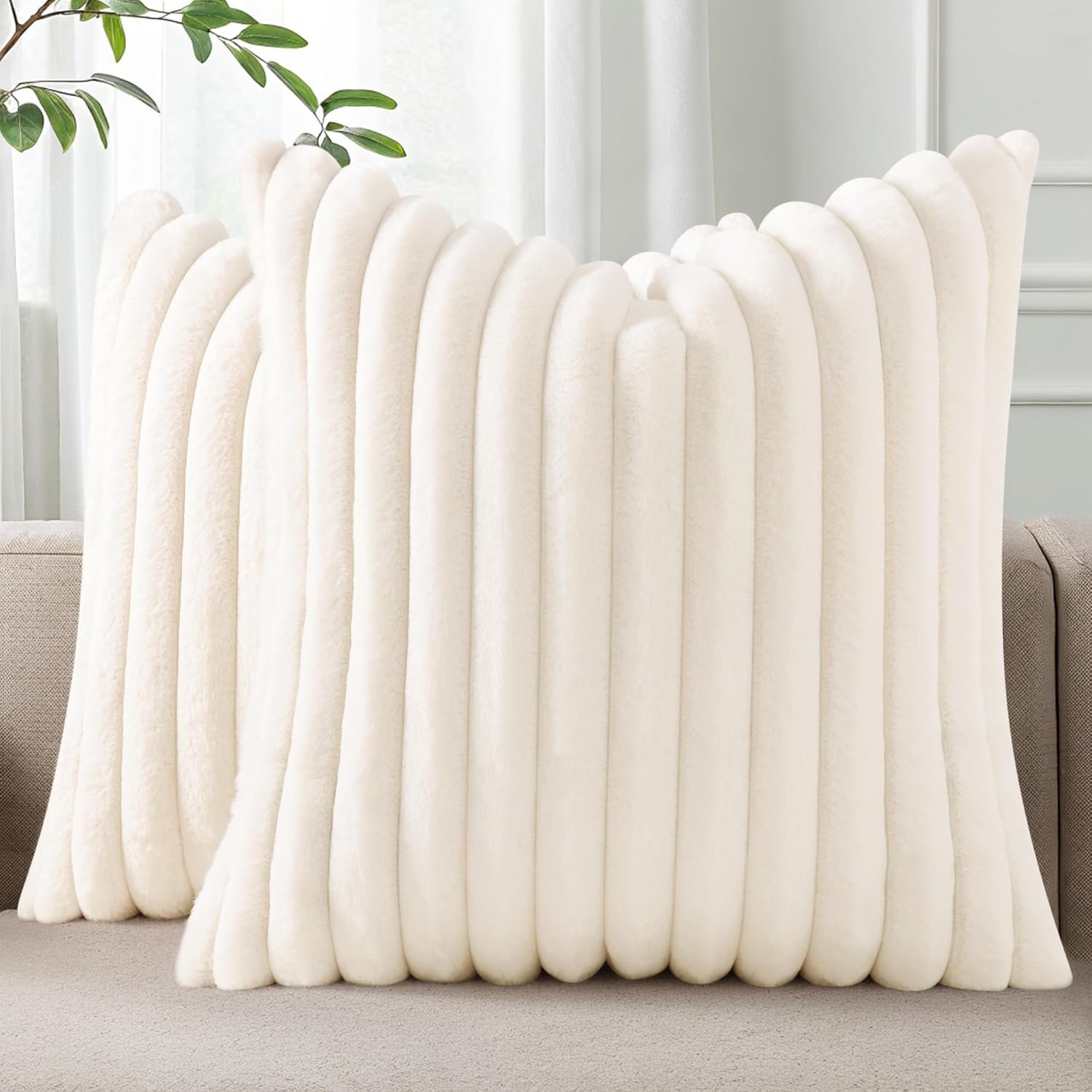 Pallene Faux Fur Plush Fall Throw Pillow Covers 18×18 Set of 2, Luxury Soft Fluffy Striped Decorative Pillow Covers for Sofa, Couch, Living Room, Cream White