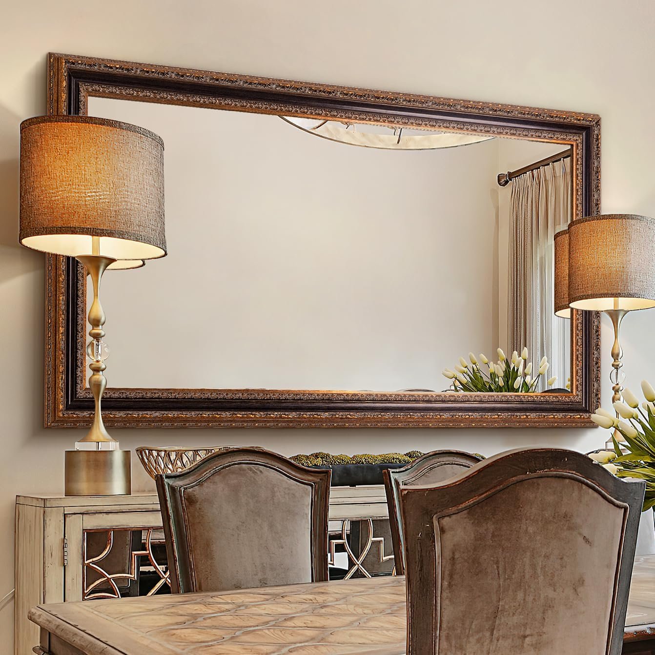Large Decorative Mirror for Living Room, 53.5″ X 30″, Vintage Ornate Carvings Wood Frame, Big Vanity Rectangular Mirror for Bedroom, Dining Room, Fireplace and Bathroom